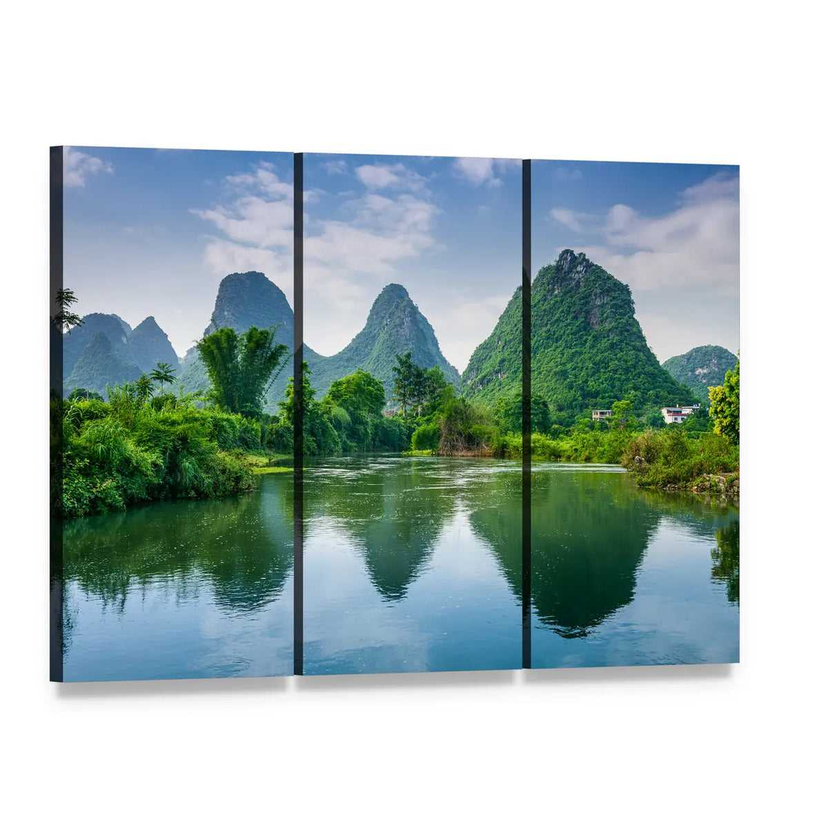 Karst Mountains with Lake Reflection Canvas Wall Art, 3 panel 3 Horizontal layout gallery wrapped canvas set, angled product view