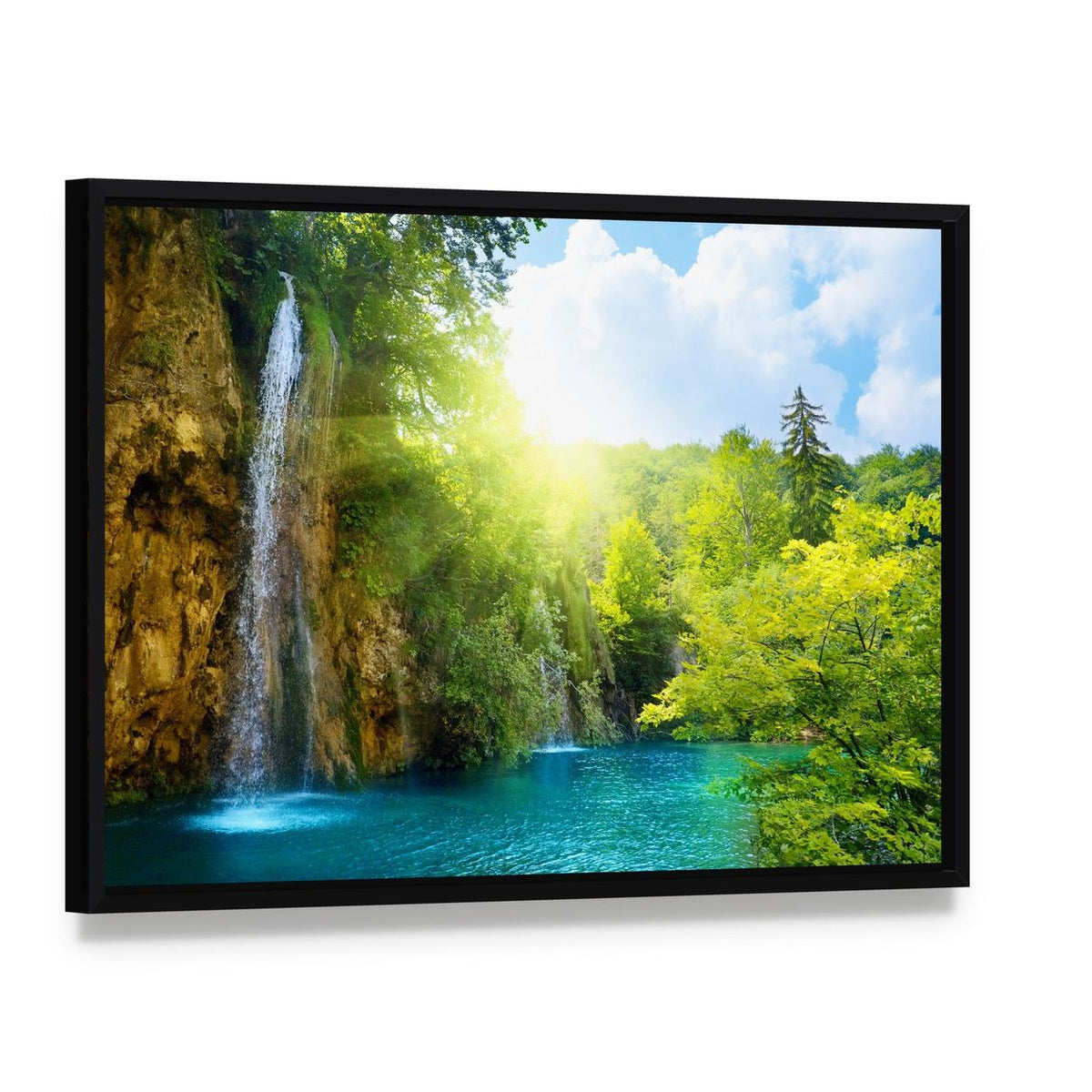 Waterfalls in Deep Forest Canvas Wall Art, framed canvas in a black floater frame, angled product view