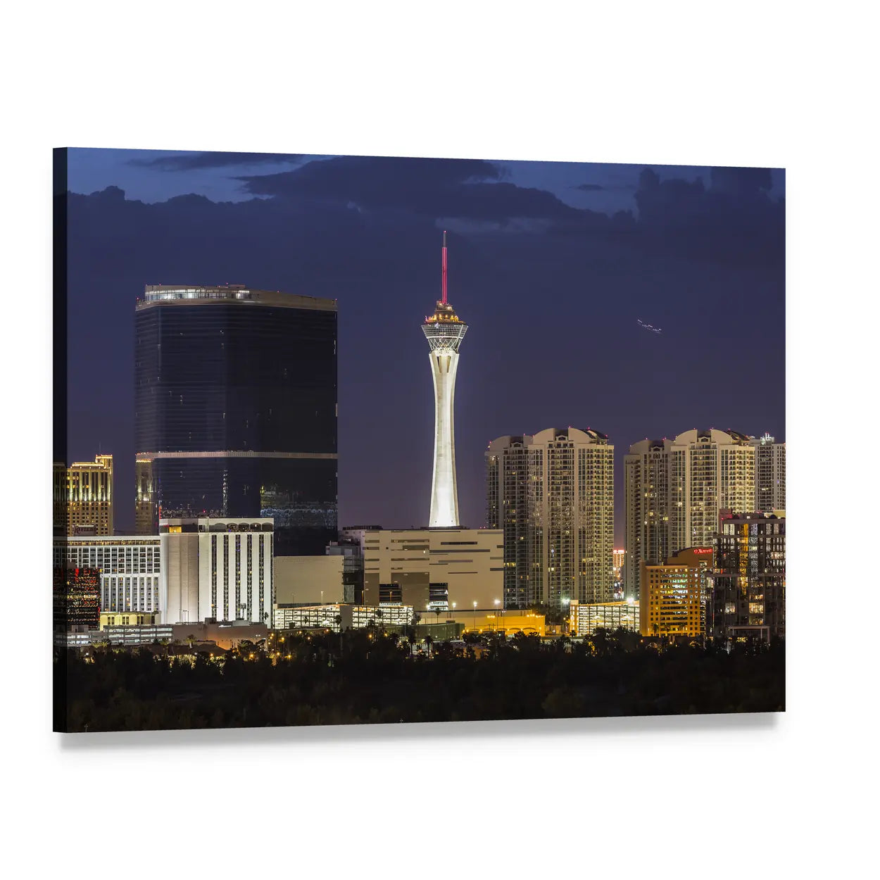 Las Vegas Night Skyline with Stratosphere Tower Canvas Wall Art, single panel gallery wrapped canvas, angled product view