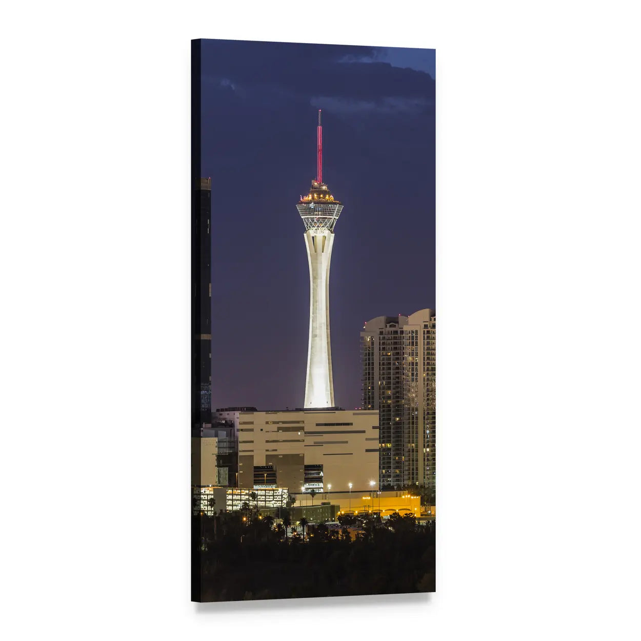 Las Vegas Skyline with the Strat Tower Vertical Canvas Wall Art, 1 panel 1 Vertical layout gallery wrapped canvas set, angled product view