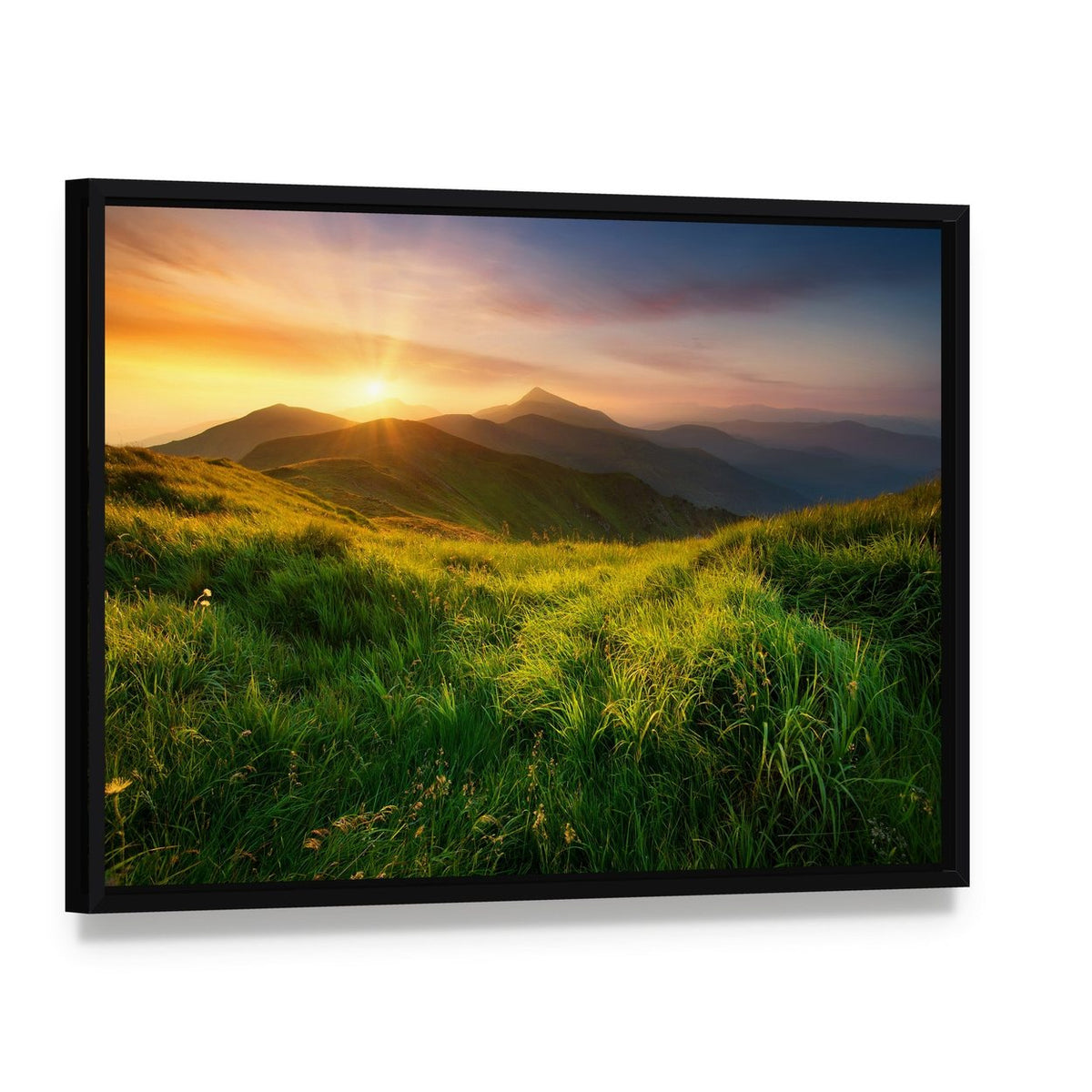 Mountain Valley During Sunrise Canvas Wall Art, framed canvas in a black floater frame, angled product view