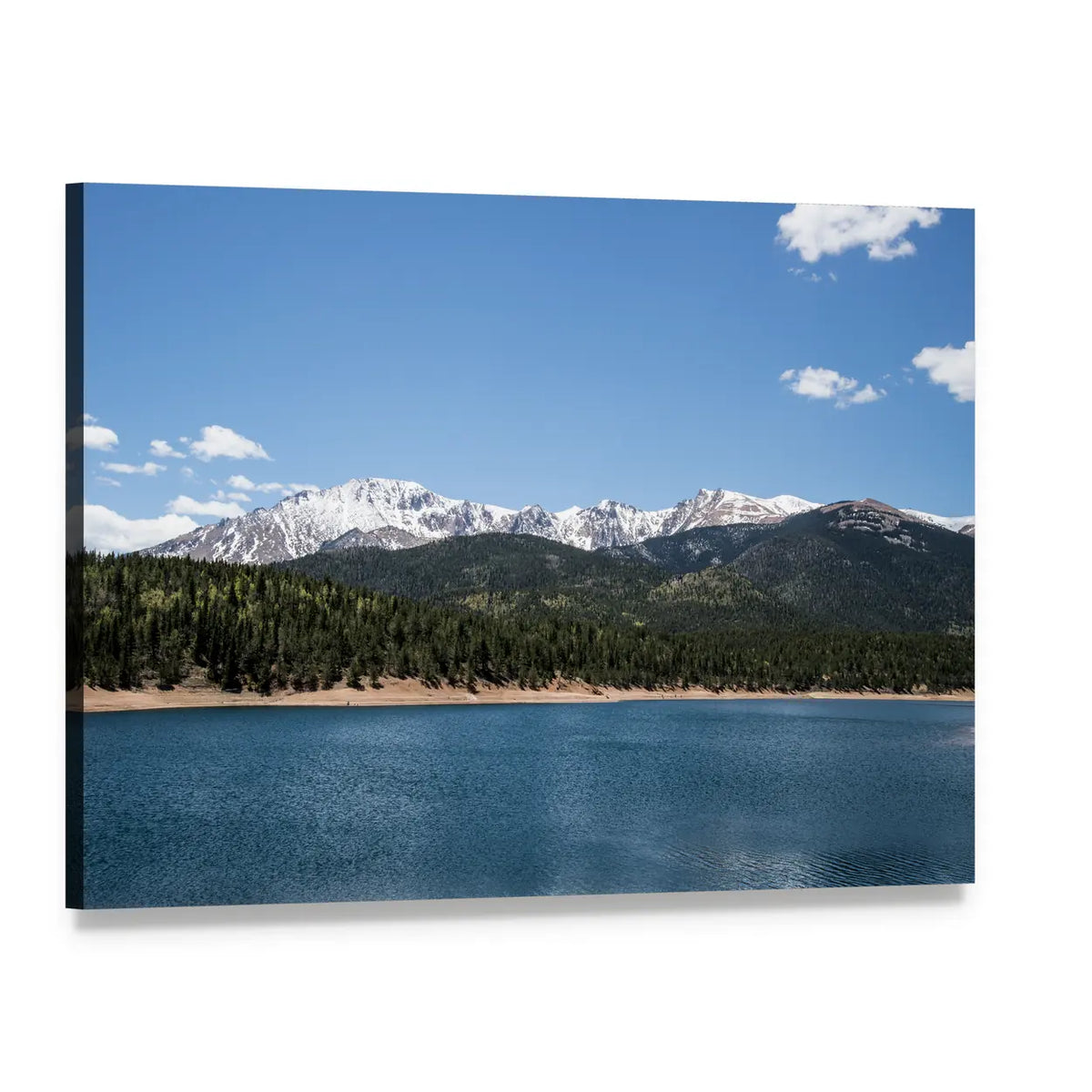 Pikes Peak Crystal Lake Canvas Wall Art, single panel gallery wrapped canvas, angled product view