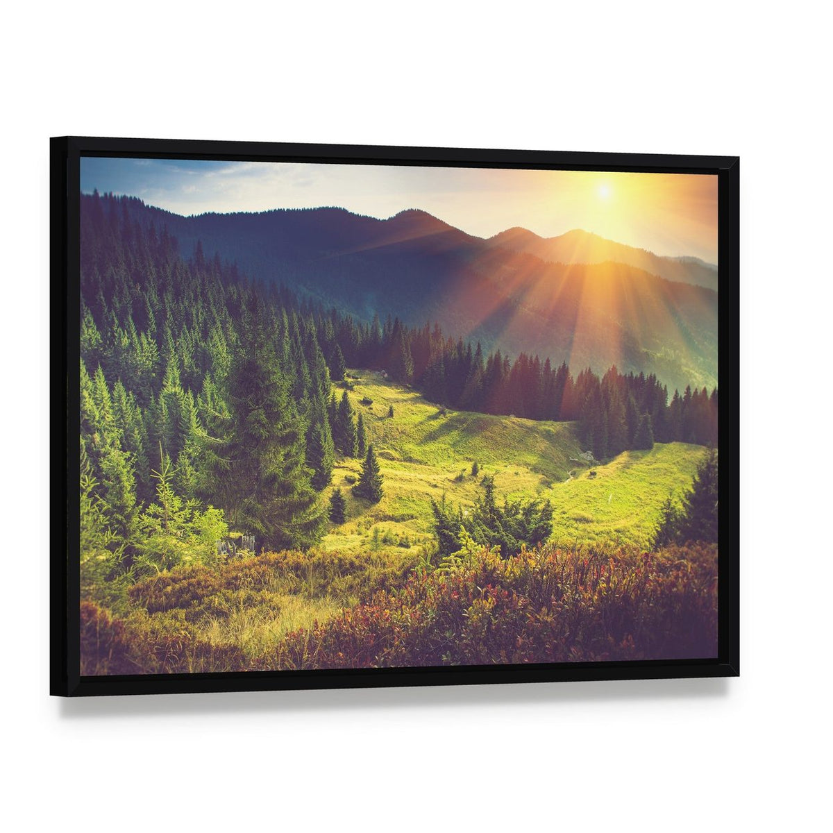 Beautiful Summer Landscape Canvas Wall Art, framed canvas in a black floater frame, angled product view
