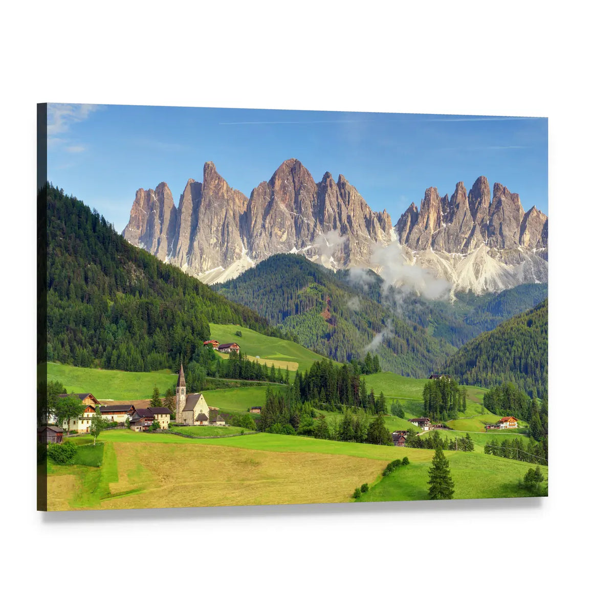 Val Di Funes Dolomites Landscape Canvas Wall Art, single panel gallery wrapped canvas, angled product view