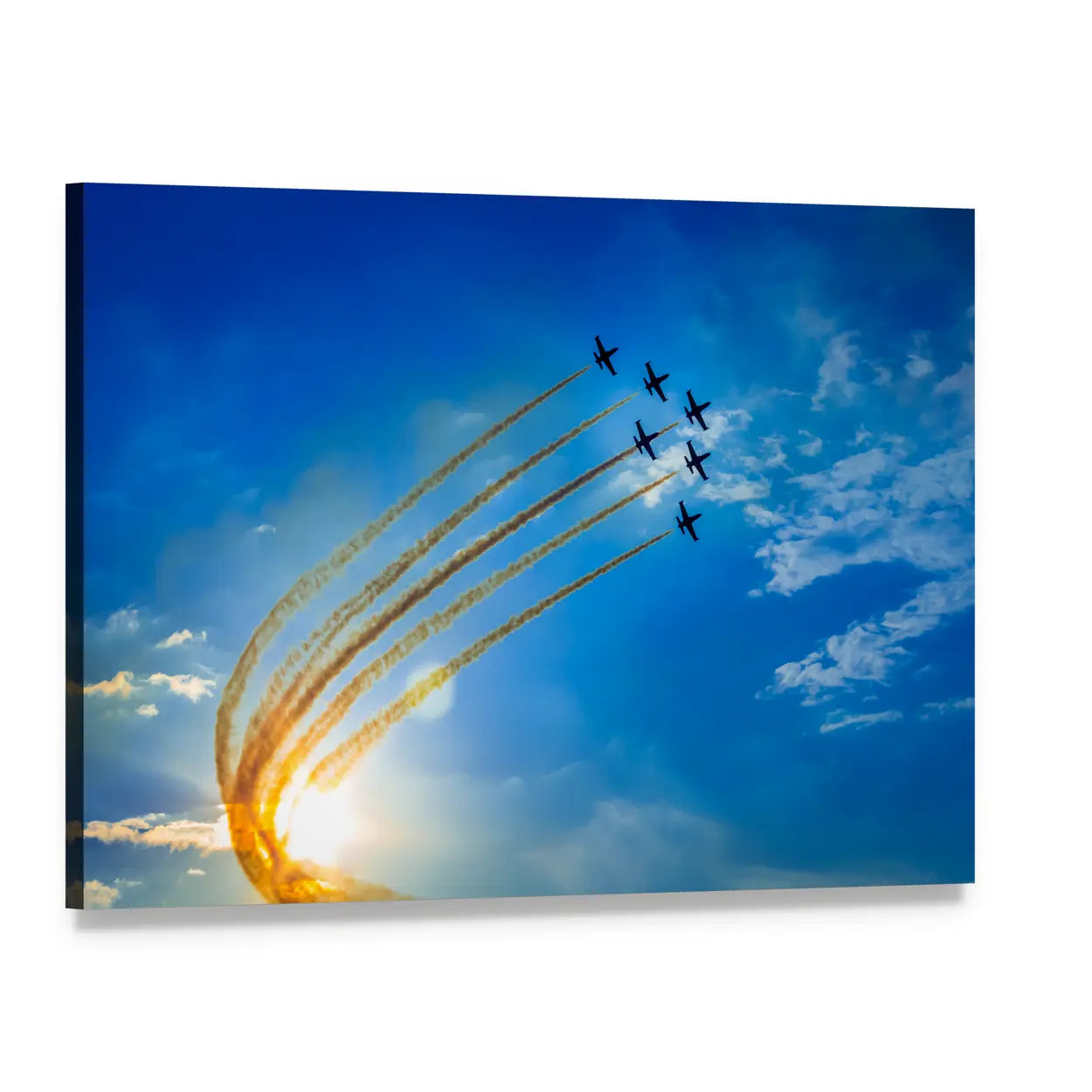 Seven Military Jets in Formation Canvas Wall Art, single panel gallery wrapped canvas, angled product view