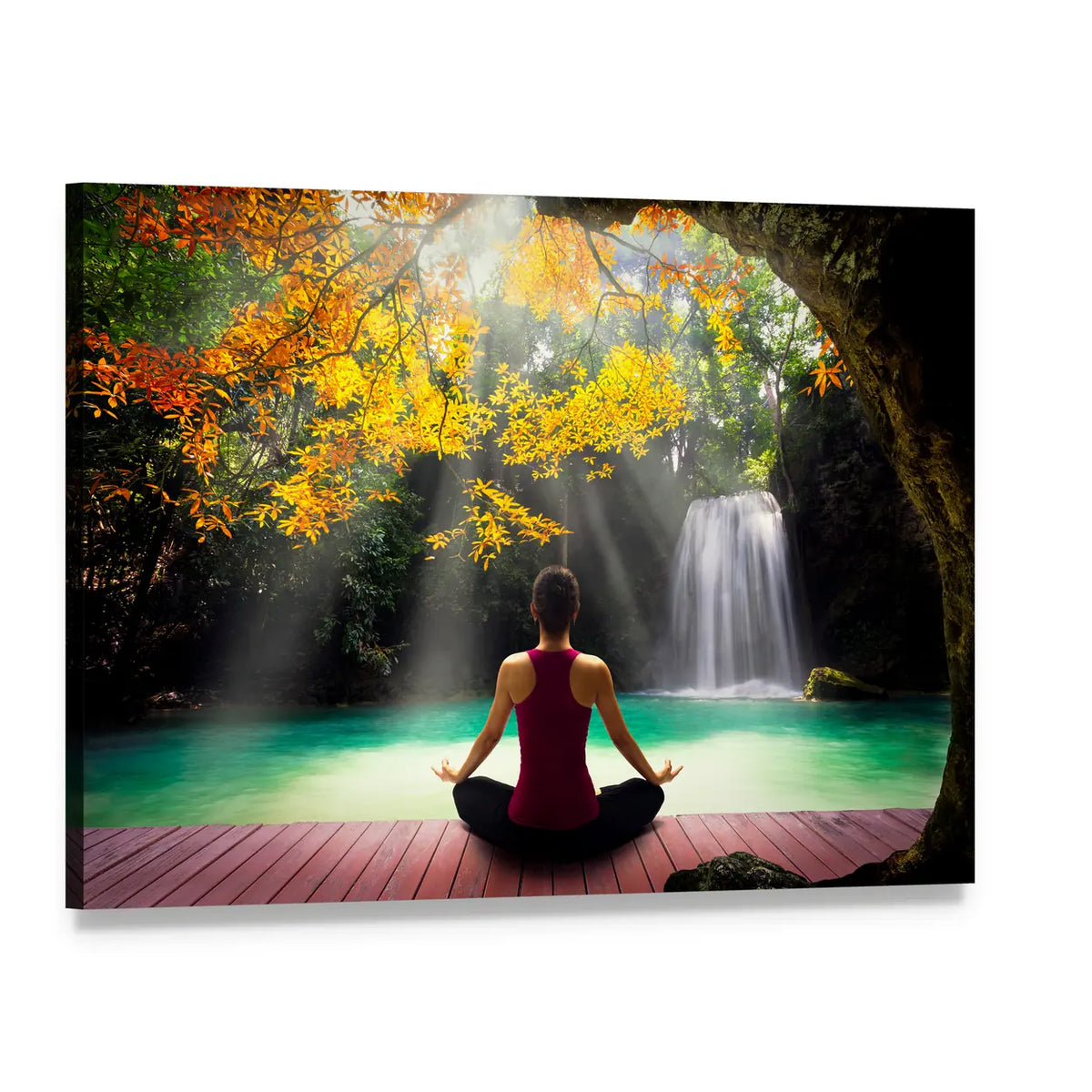 Woman in Lotus Pose by Waterfall Canvas Wall Art, single panel gallery wrapped canvas, angled product view