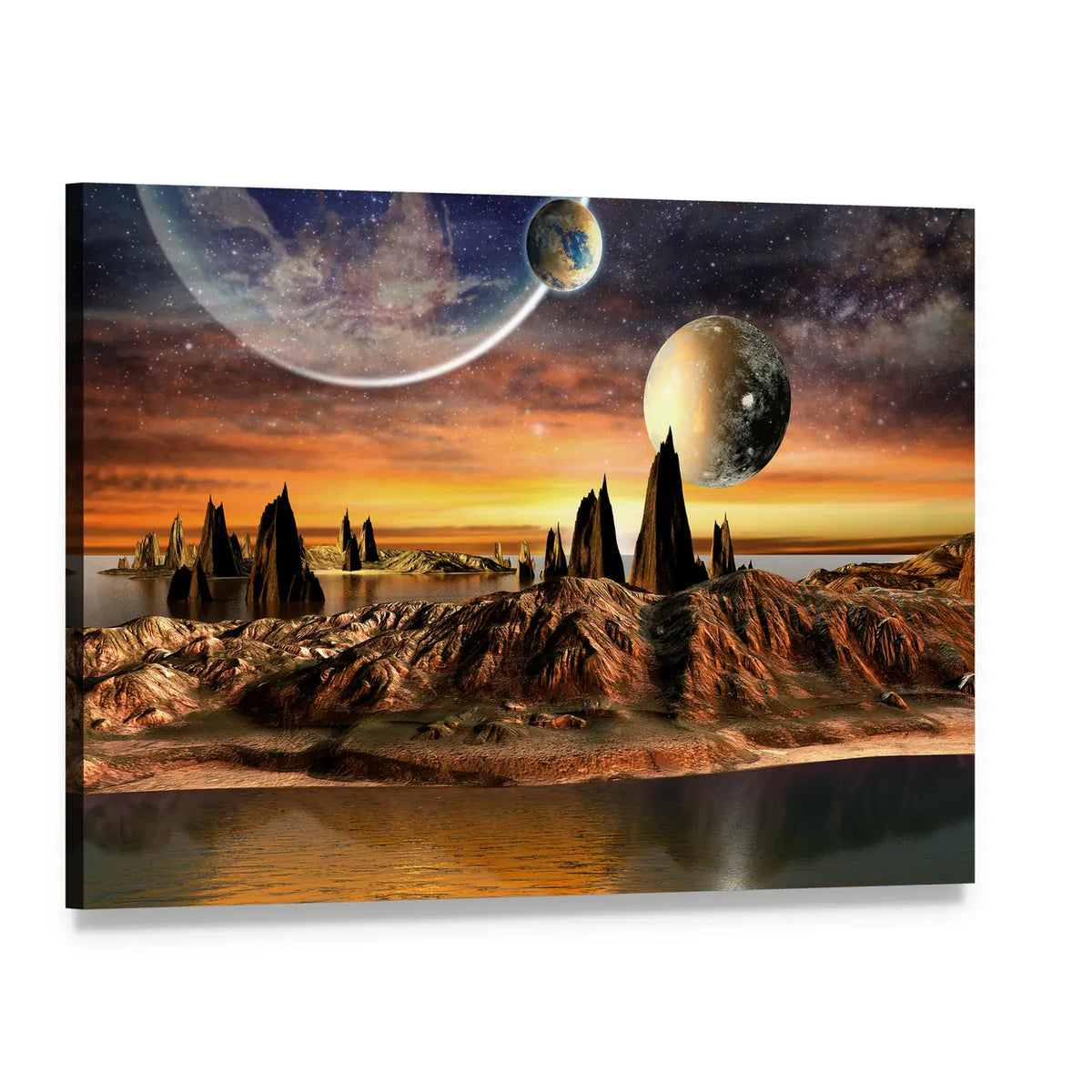 Alien Lake Under Two Planets Canvas Wall Art, single panel gallery wrapped canvas, angled product view