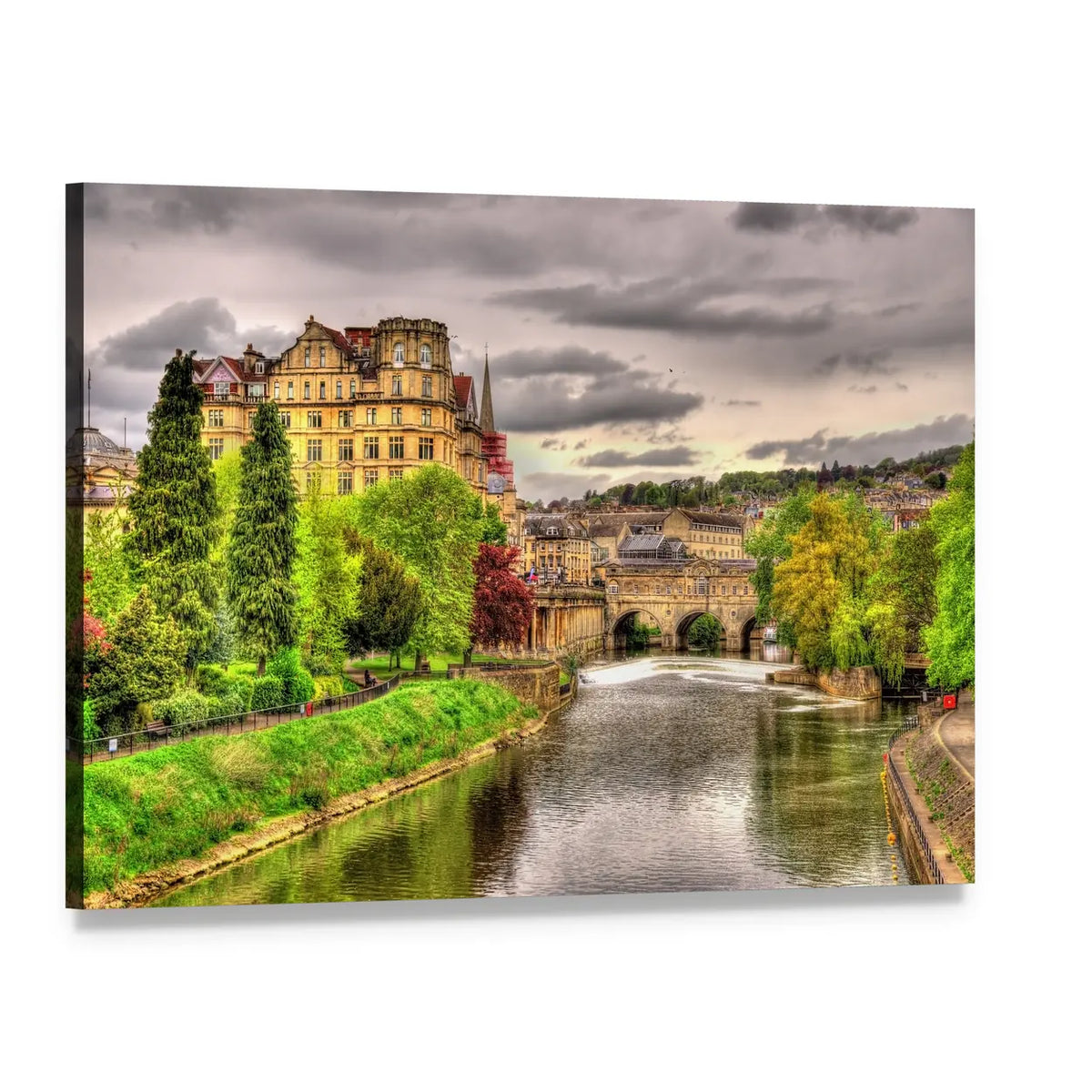 Riverside Town with Arched Stone Bridge Canvas Wall Art, single panel gallery wrapped canvas, angled product view