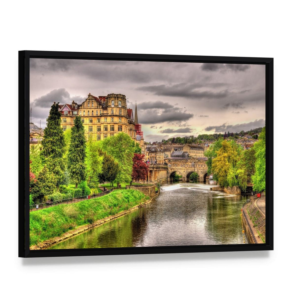 River View of Bath Town in Daylight Canvas Wall Art, framed canvas in a black floater frame, angled product view
