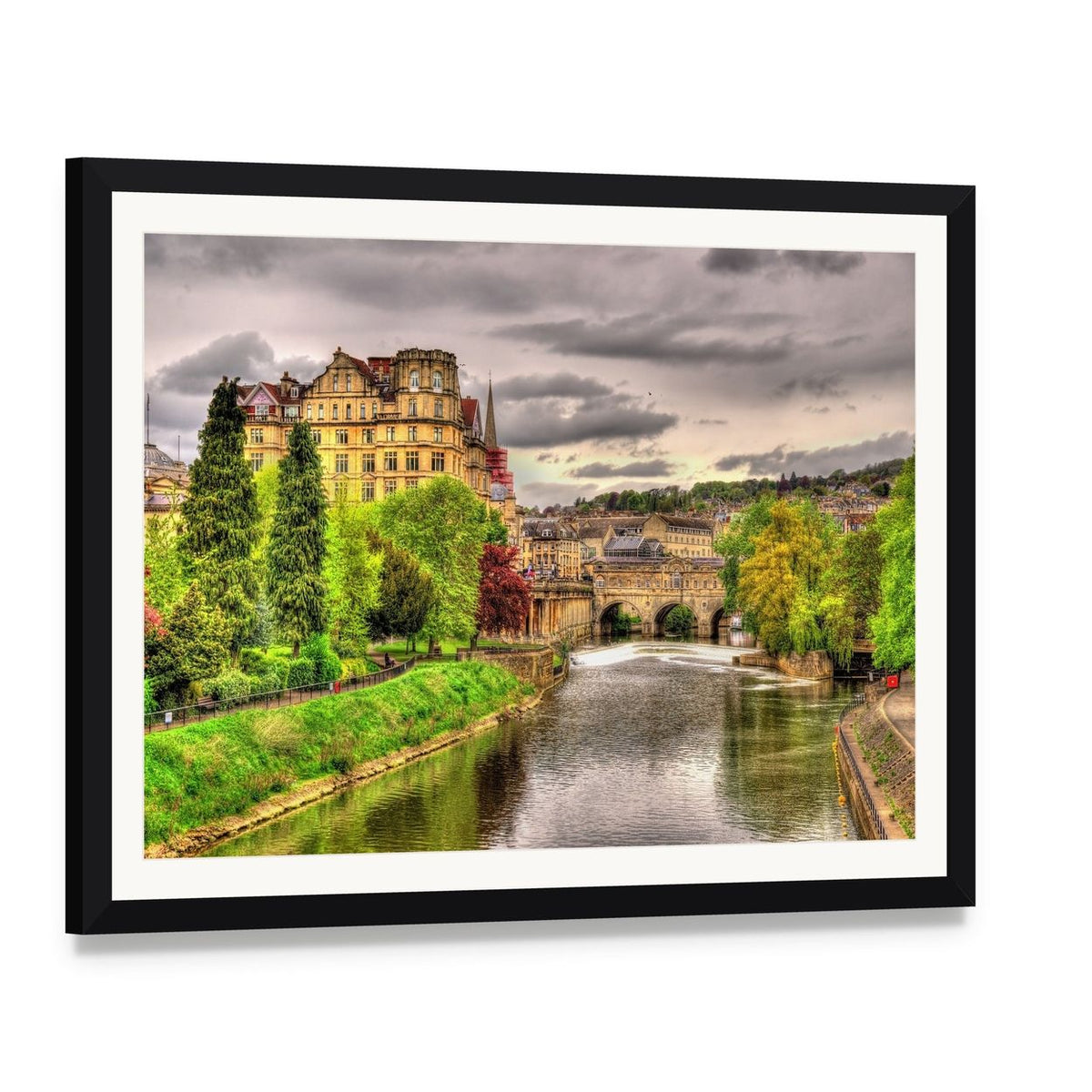 River View of Bath Town in Daylight Canvas Wall Art, framed print with white mat and black frame, angled product view