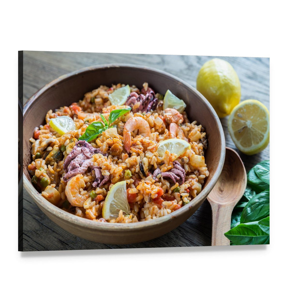 Seafood Paella Bowl Canvas Wall Art, single panel gallery wrapped canvas, angled product view