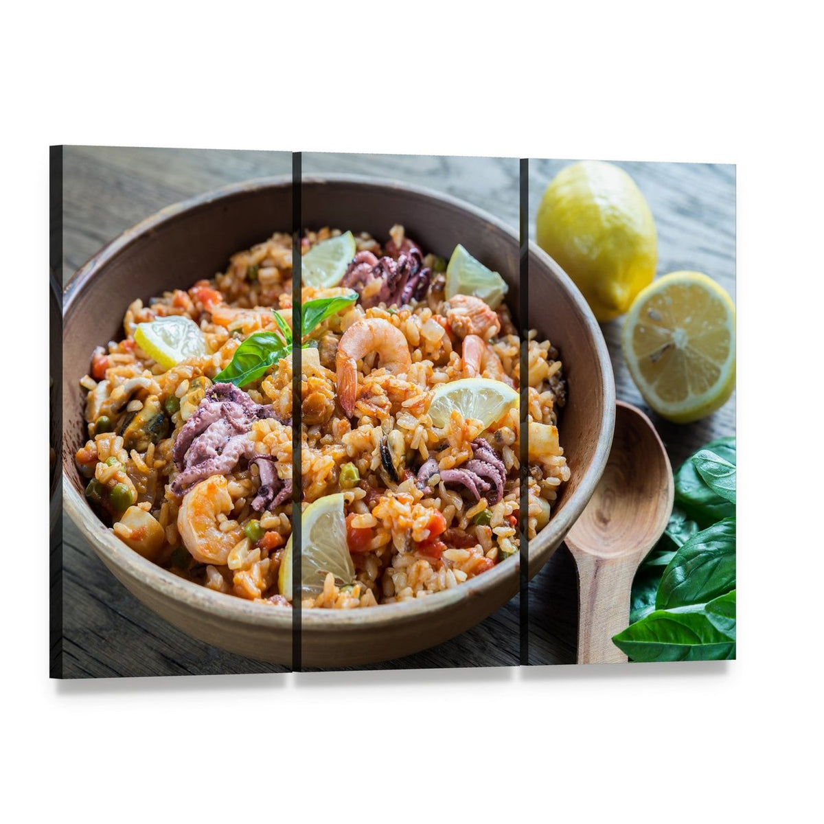 Seafood Paella Bowl Canvas Wall Art, 3 panel 3 Horizontal layout gallery wrapped canvas set, angled product view