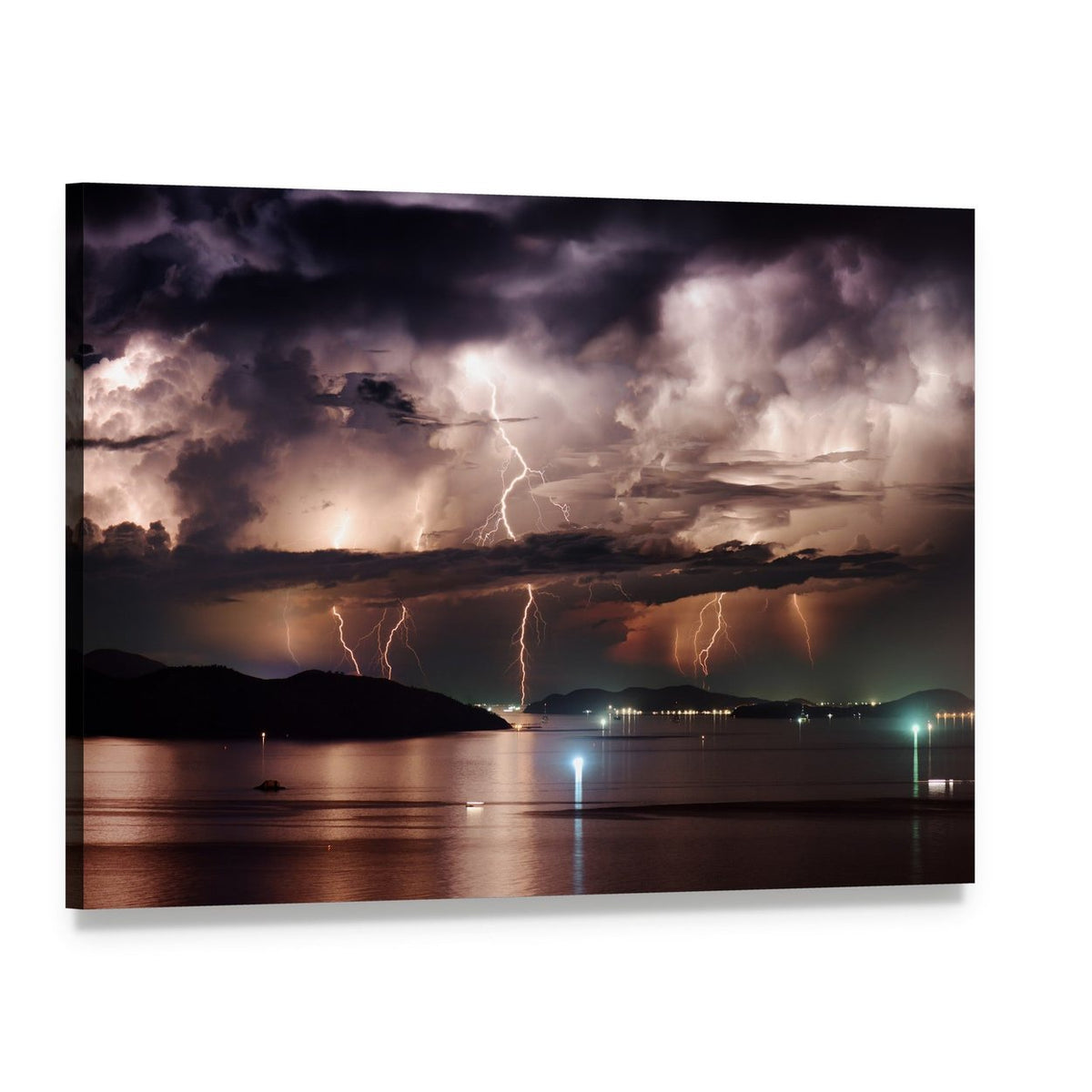Dramatic Lightning Strikes Over Ocean Canvas Wall Art, single panel gallery wrapped canvas, angled product view