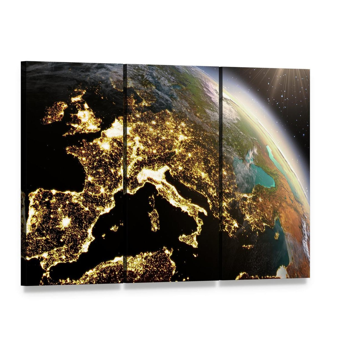 Europe from Space at Night Canvas Wall Art, 3 panel 3 Horizontal layout gallery wrapped canvas set, angled product view