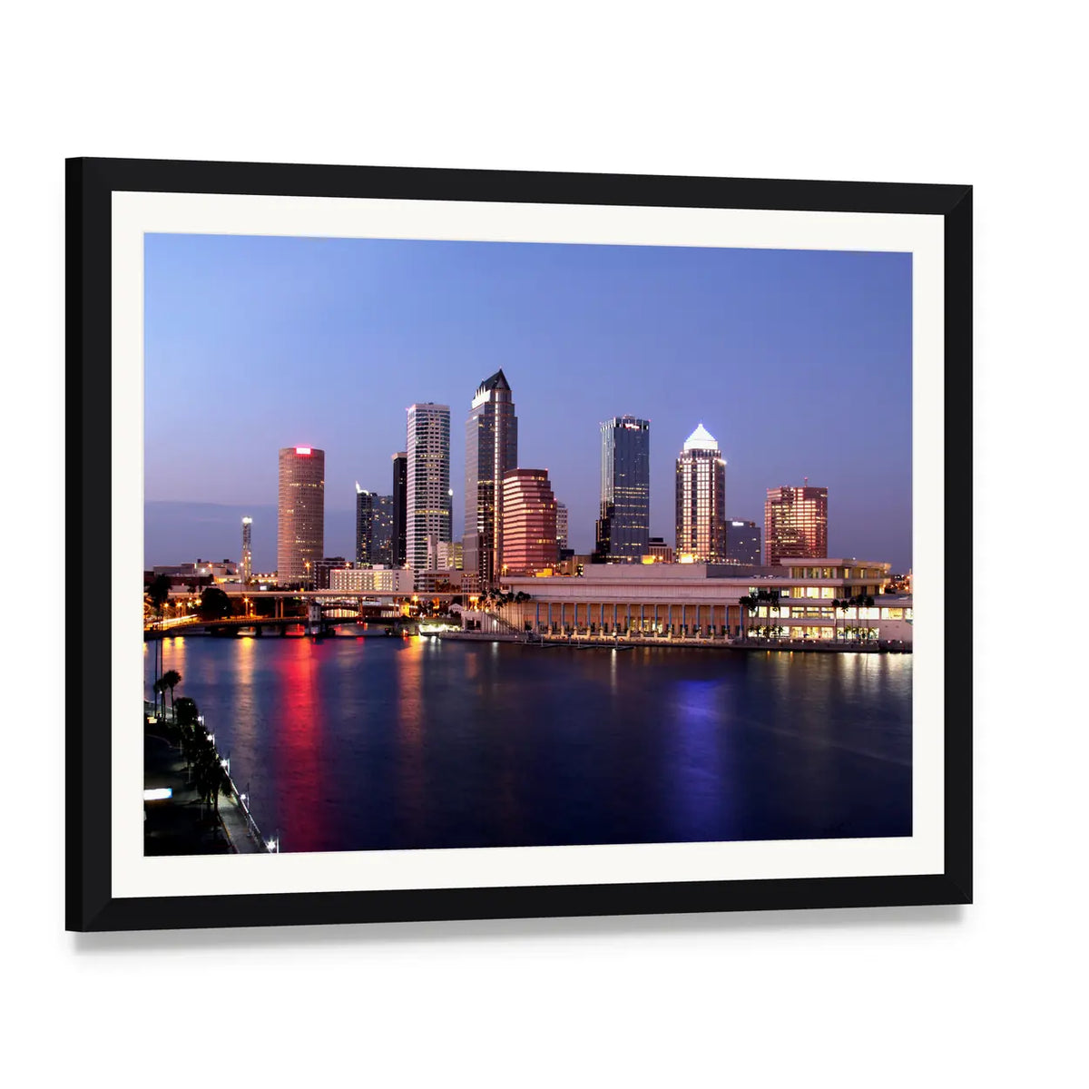Tampa Skyline Canvas Wall Art, framed print with white mat and black frame, angled product view