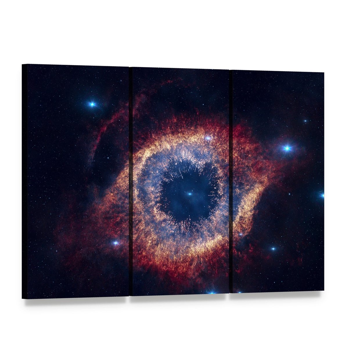 The Helix Nebula Eye of God Canvas Wall Art, 3 panel 3 Horizontal layout gallery wrapped canvas set, angled product view