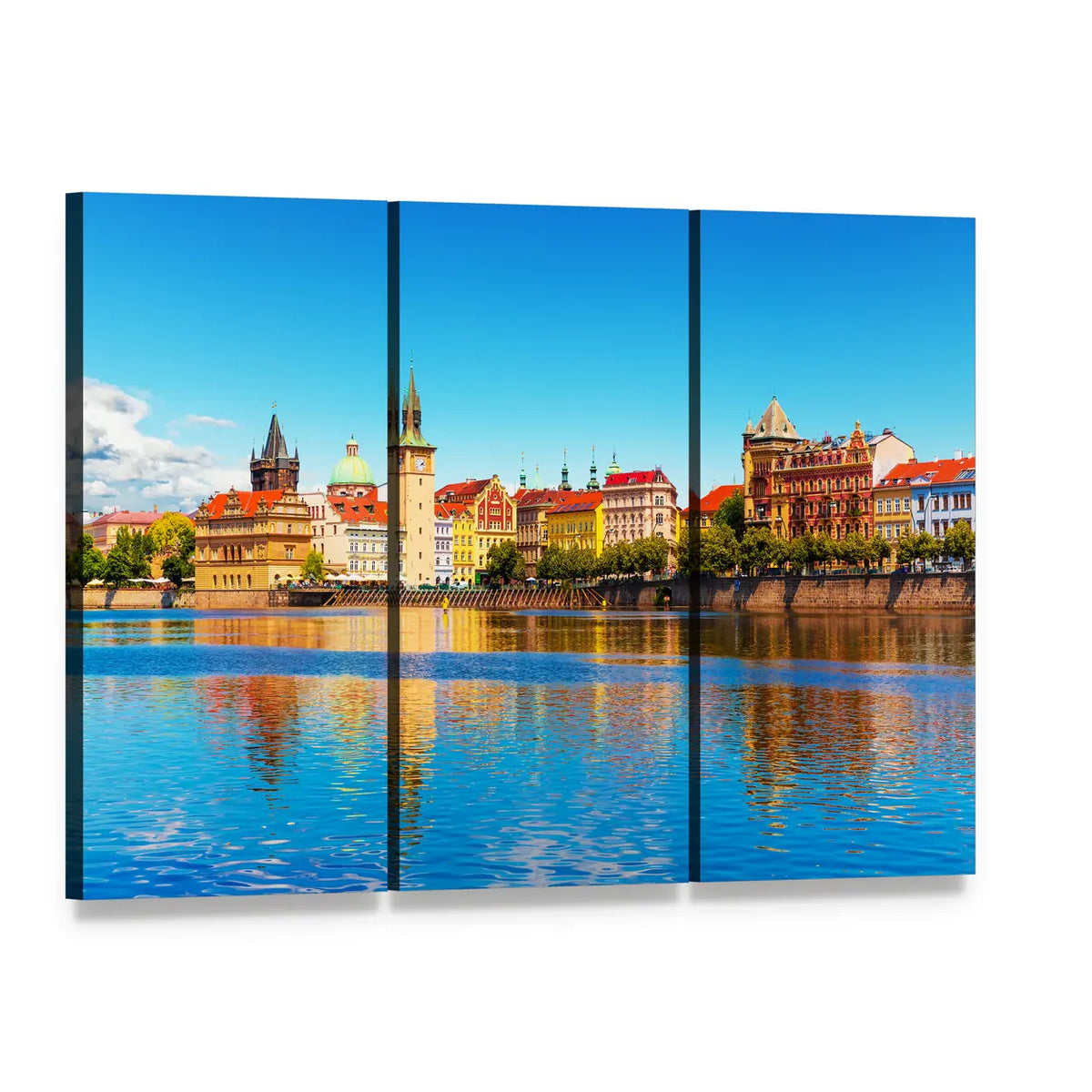 Prague Old Town Summer View Canvas Wall Art, 3 panel 3 Horizontal layout gallery wrapped canvas set, angled product view