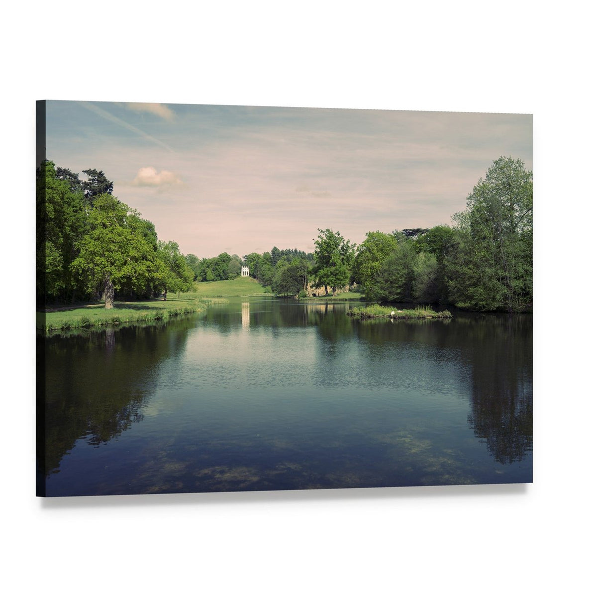 Swans on a Serene Lake Canvas Wall Art, single panel gallery wrapped canvas, angled product view
