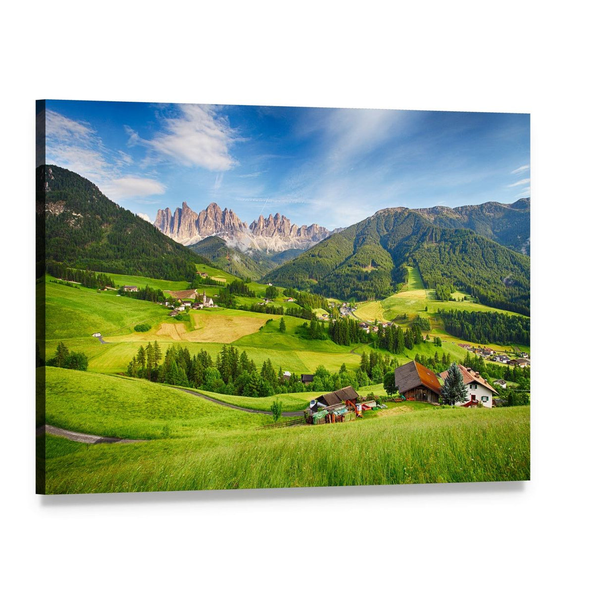 Mountain Village Among Jagged Alpine Peaks Canvas Wall Art, single panel gallery wrapped canvas, angled product view