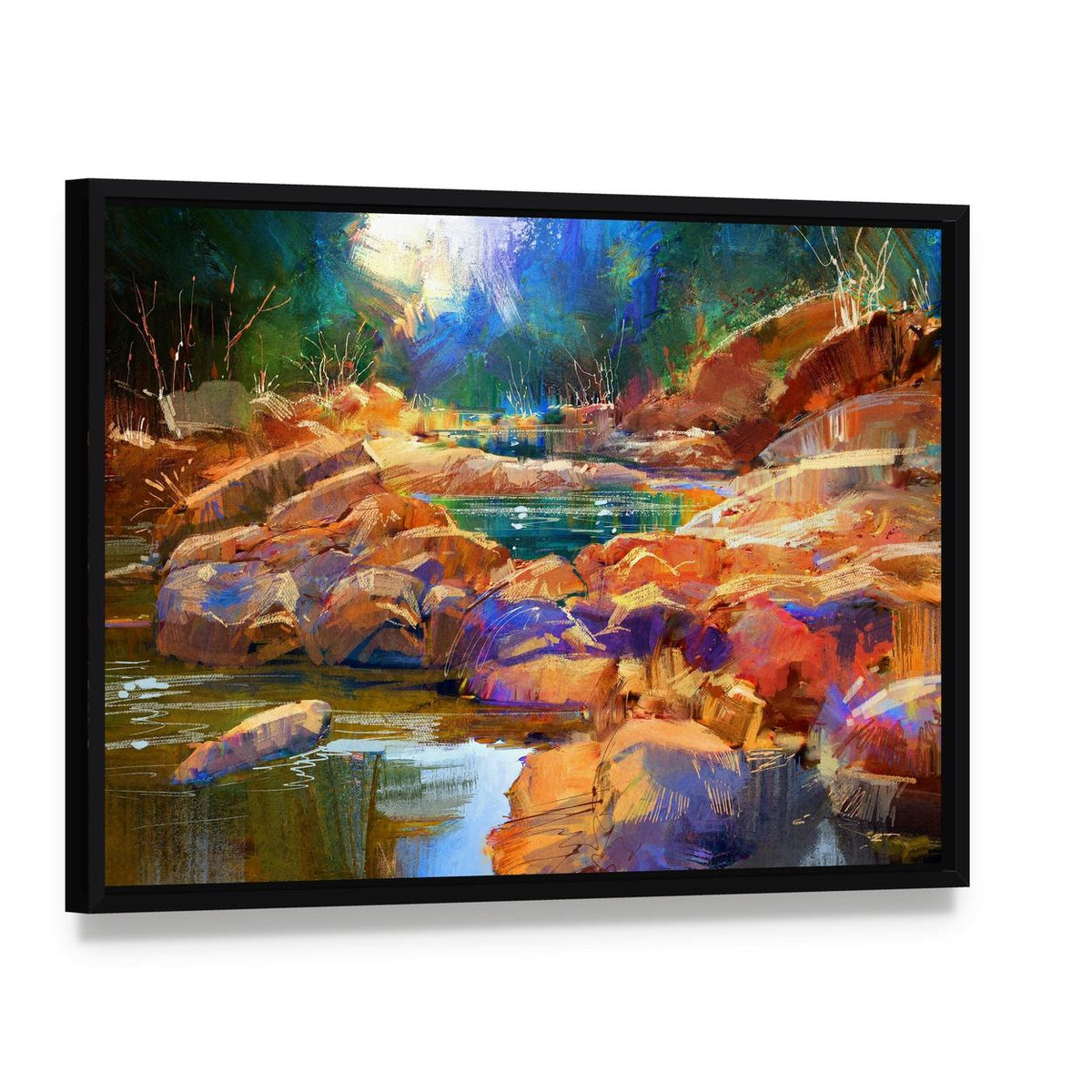 River Lines with Colorful Stones Canvas Wall Art, framed canvas in a black floater frame, angled product view