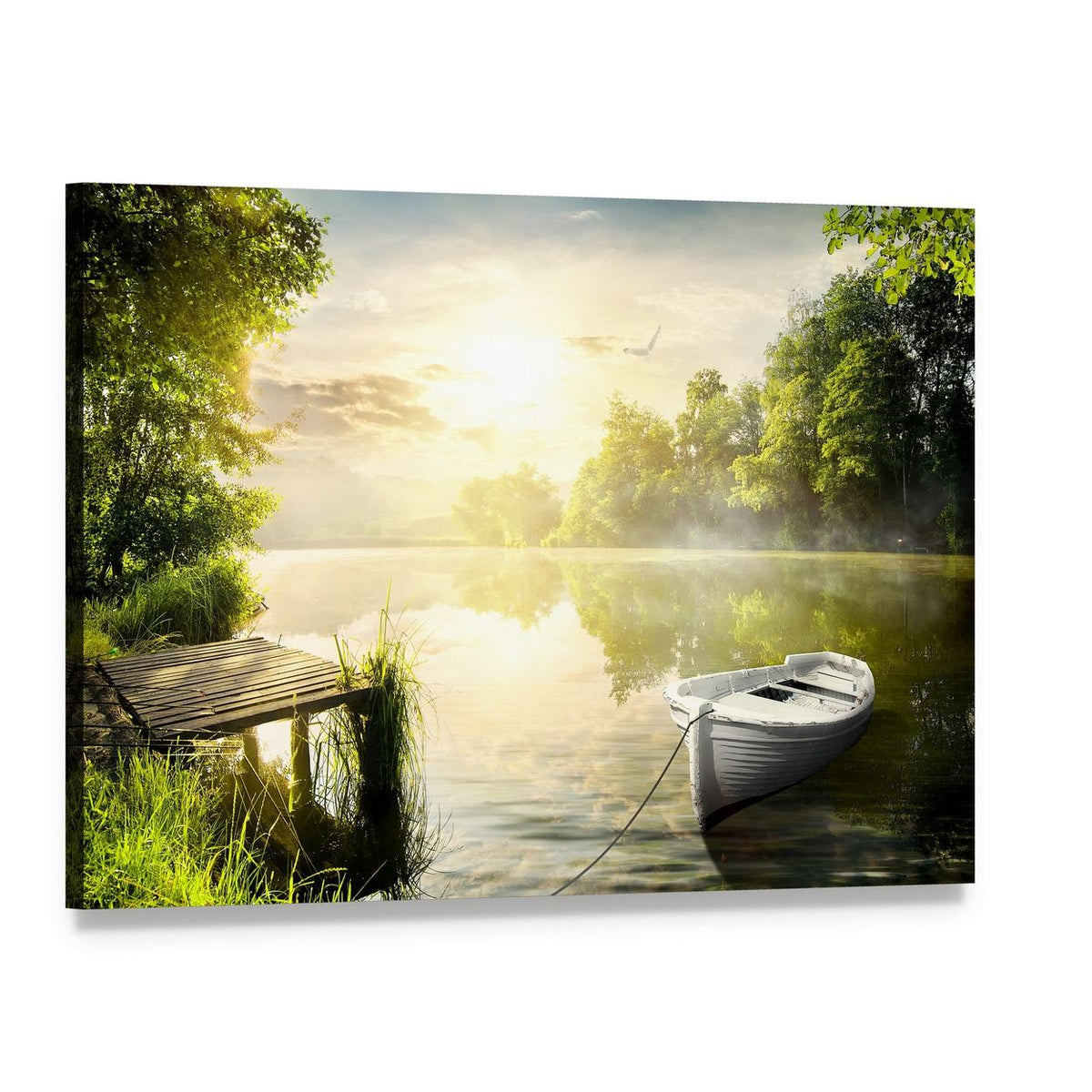 White Rowboat Tied to Dock Canvas Wall Art, single panel gallery wrapped canvas, angled product view