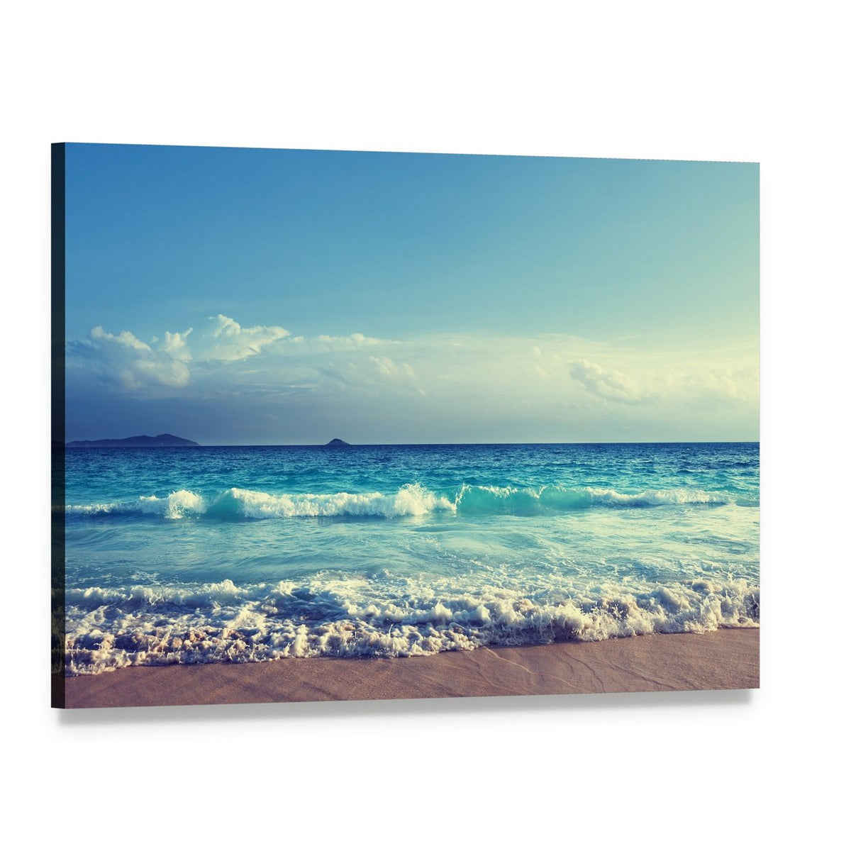 Seychelles Beach in Sunset Time Canvas Wall Art, single panel gallery wrapped canvas, angled product view