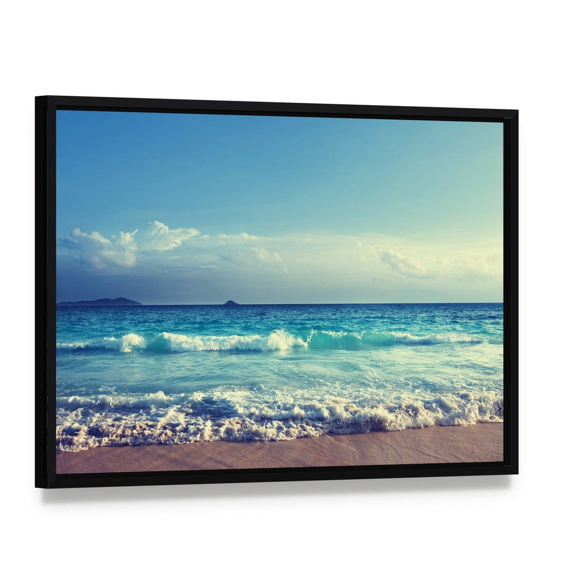 Seychelles Beach in Sunset Time Canvas Wall Art, framed canvas in a black floater frame, angled product view