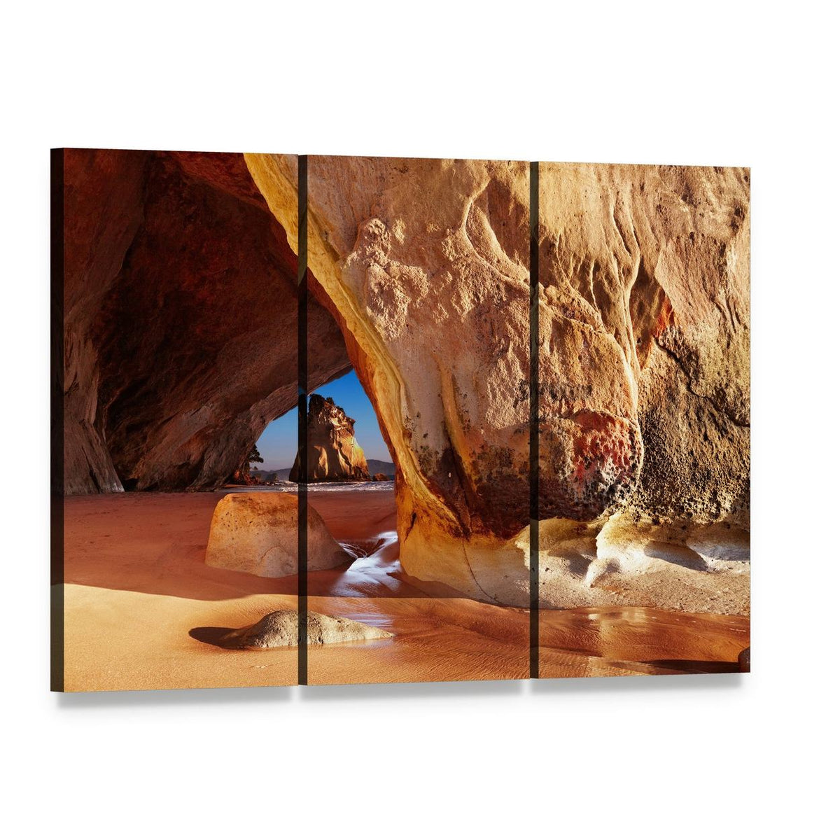 Serene Cathedral Cave in New Zealand Canvas Wall Art, 3 panel 3 Horizontal layout gallery wrapped canvas set, angled product view
