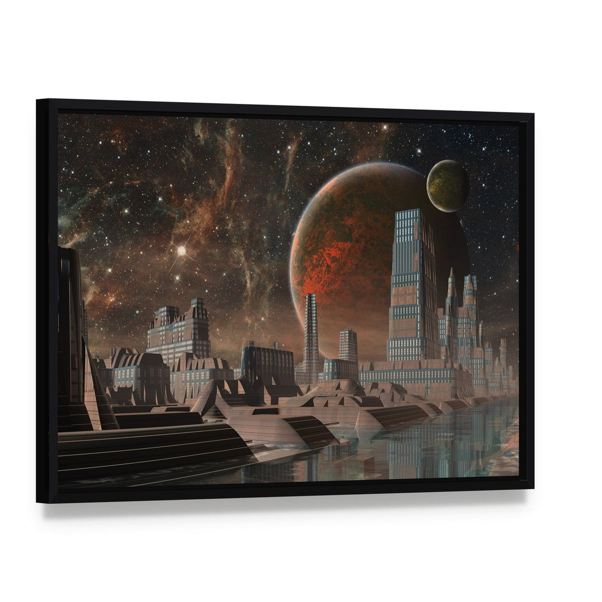 Futuristic Alien City Canvas Wall Art, framed canvas in a black floater frame, angled product view