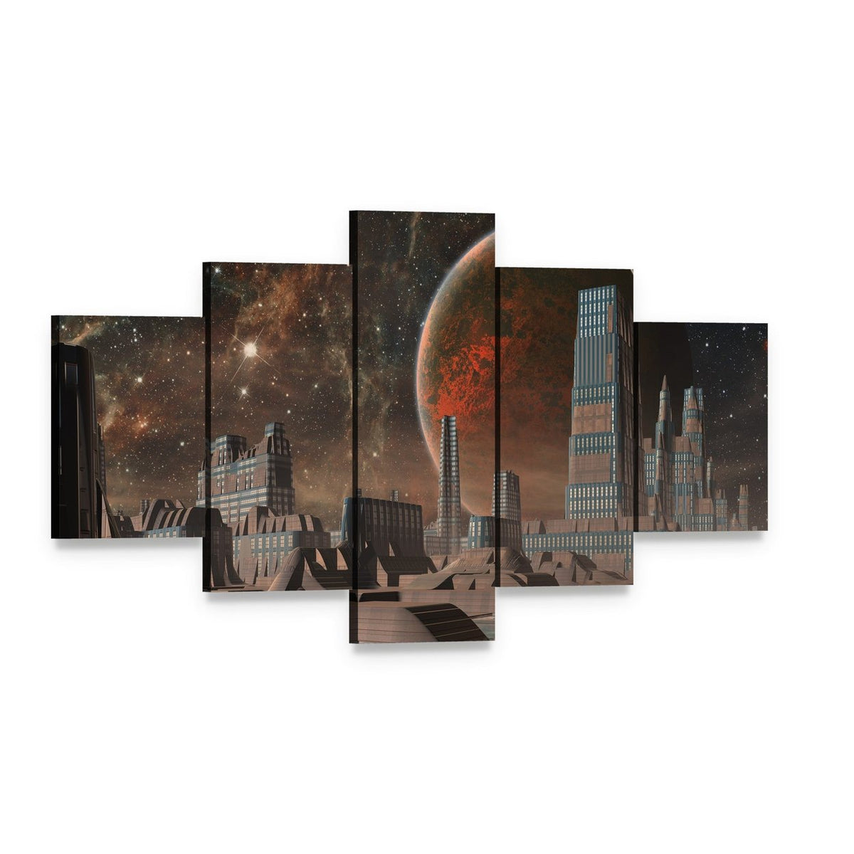 Futuristic Alien City Canvas Wall Art, 5 panel 5 Star layout gallery wrapped canvas set, angled product view