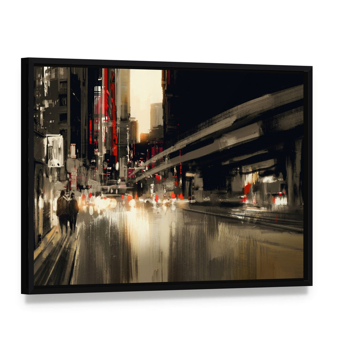 City Street Illustration Canvas Wall Art, framed canvas in a black floater frame, angled product view