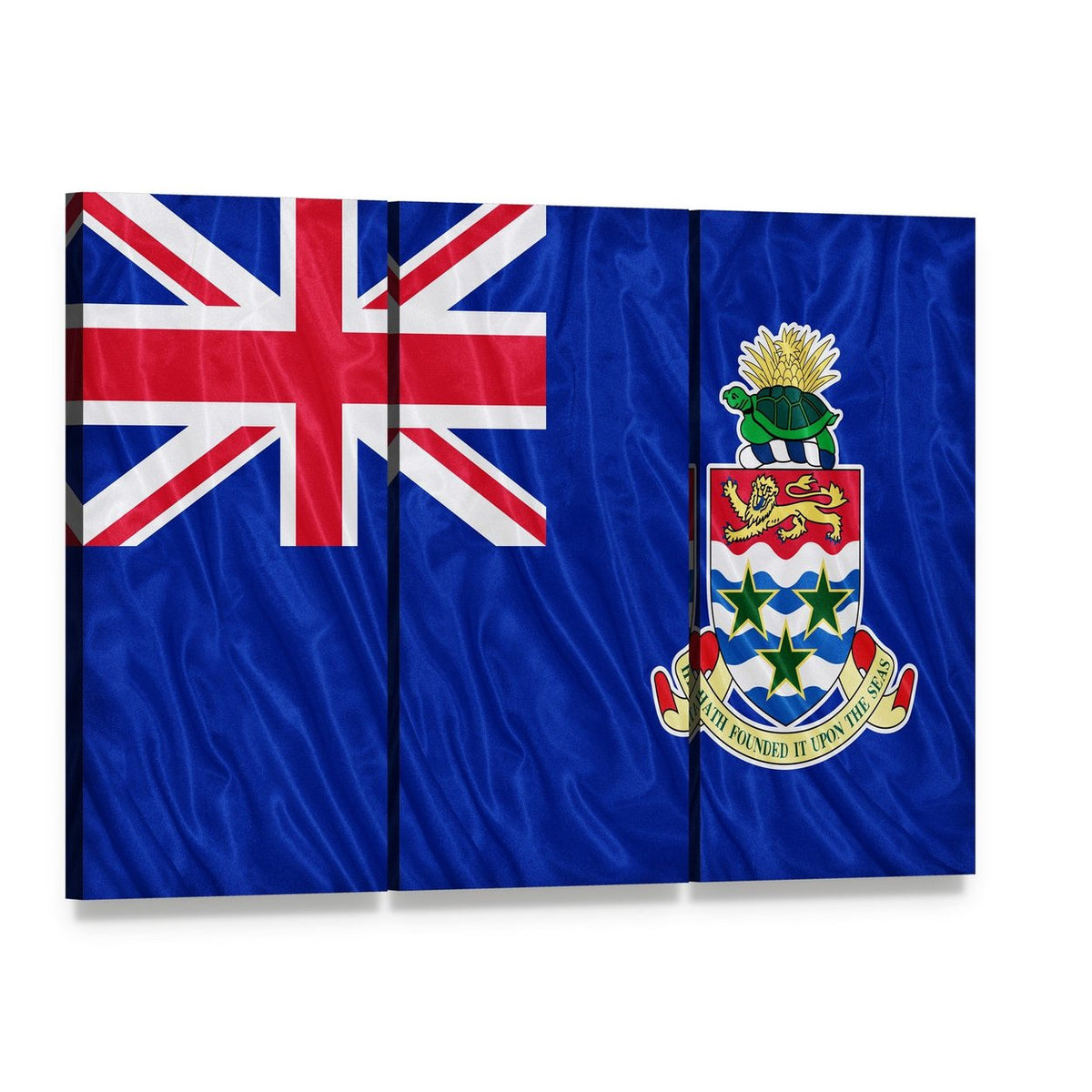 Cayman Islands Flag with Coat of Arms Canvas Wall Art, 3 panel 3 Horizontal layout gallery wrapped canvas set, angled product view