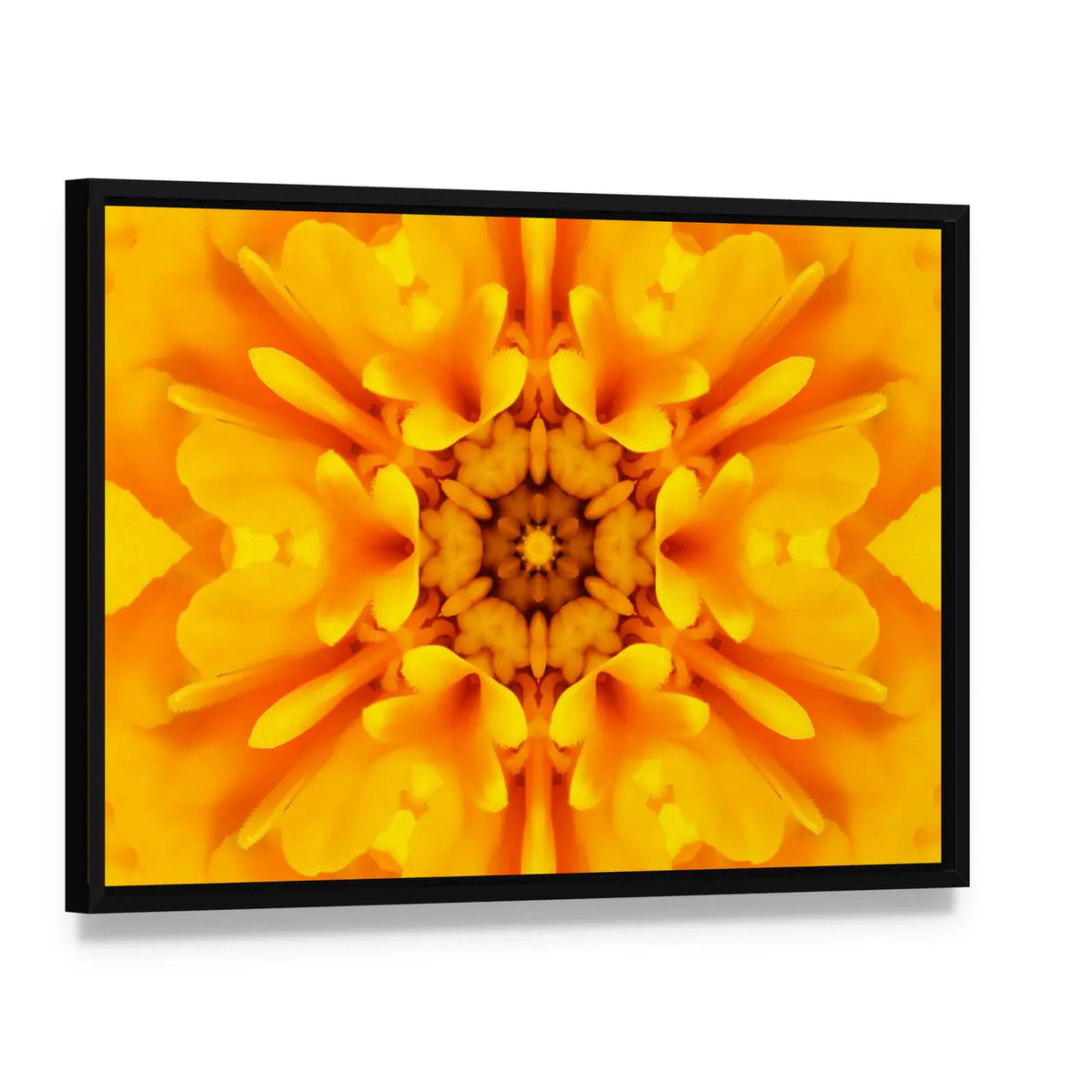 Yellow Mandala Flower Canvas Wall Art, framed canvas in a black floater frame, angled product view