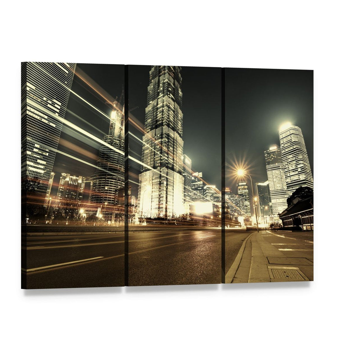Modern City Night in Shanghai Canvas Wall Art, 3 panel 3 Horizontal layout gallery wrapped canvas set, angled product view