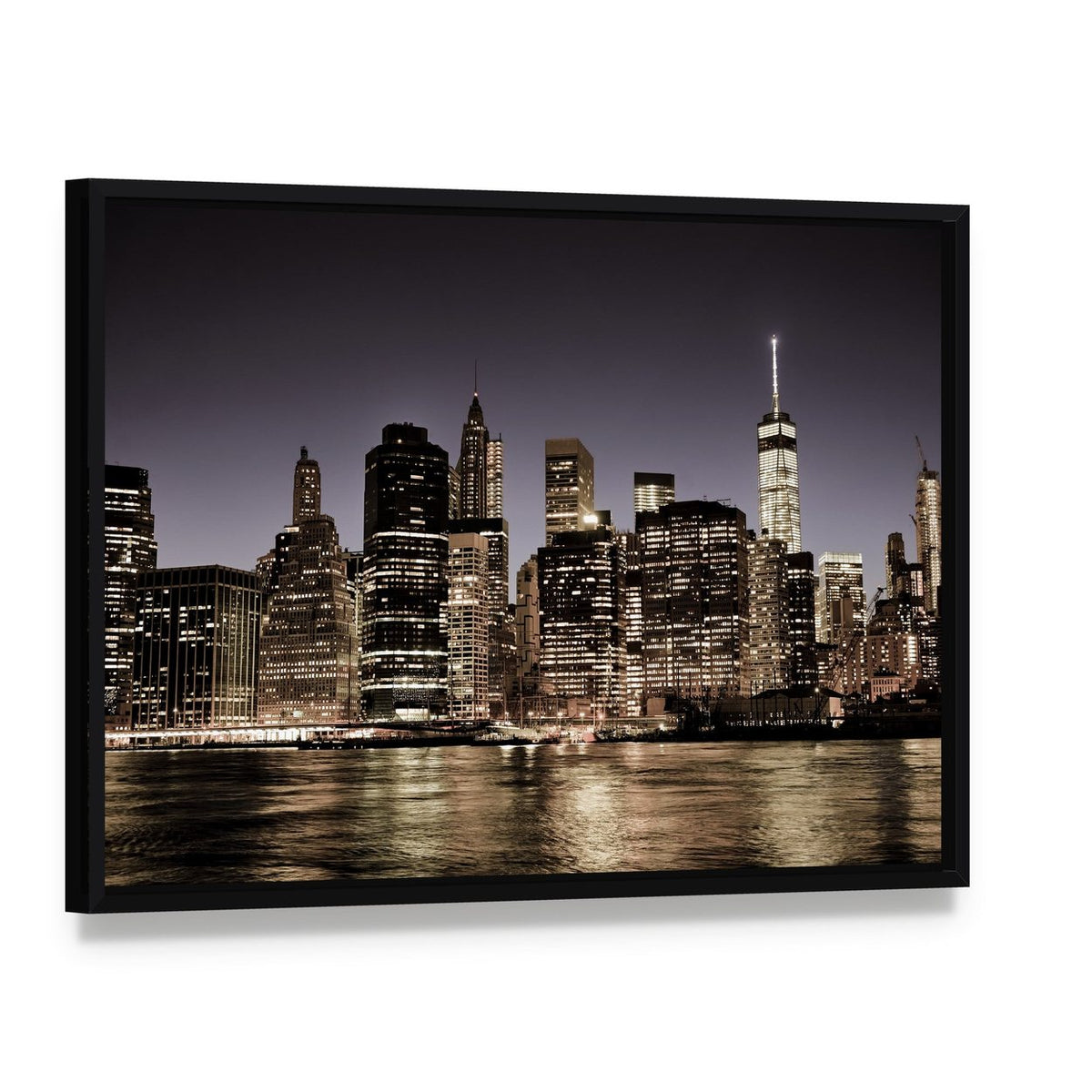 Manhattan Skyline at Night Canvas Wall Art, framed canvas in a black floater frame, angled product view