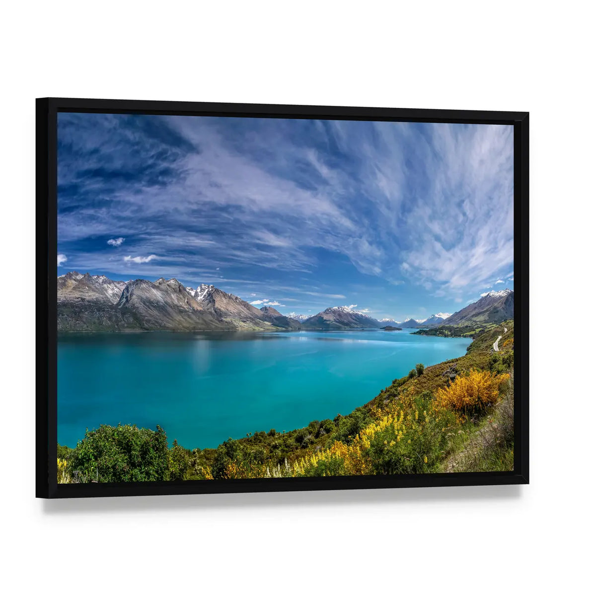 Lake Wakatipu New Zealand Canvas Wall Art, framed canvas in a black floater frame, angled product view