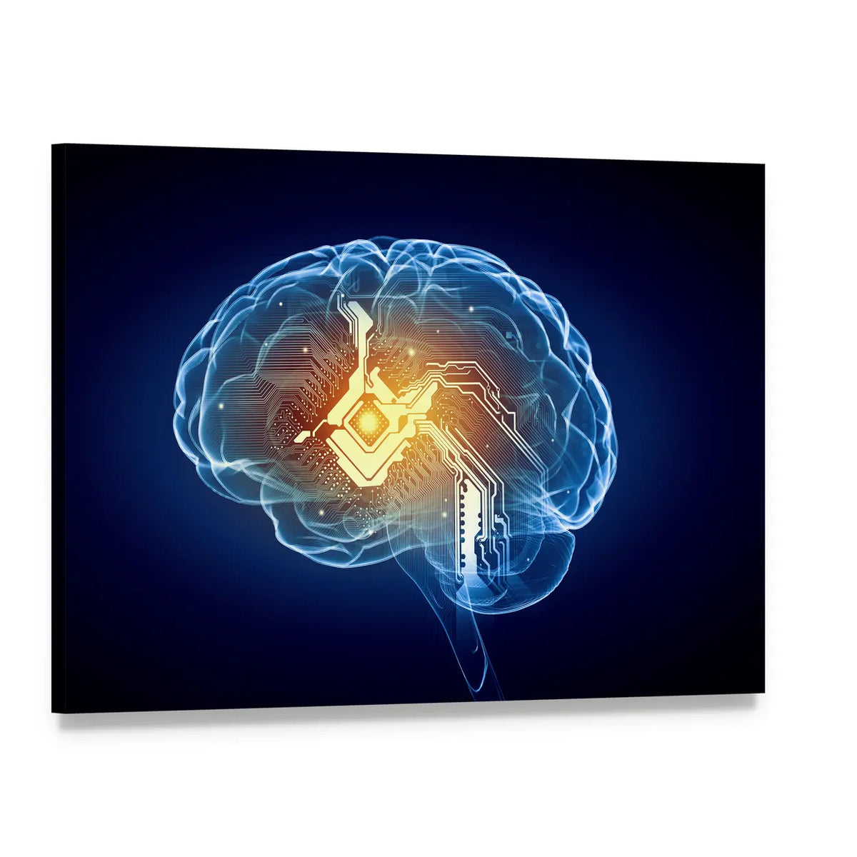 Human Brain with Glowing Circuitry Canvas Wall Art, single panel gallery wrapped canvas, angled product view