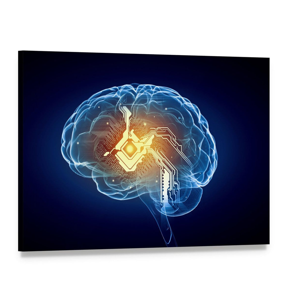 Glowing Circuit Brain Canvas Wall Art, single panel gallery wrapped canvas, angled product view