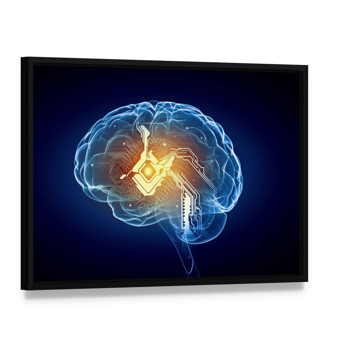 Glowing Circuit Brain Canvas Wall Art, framed canvas in a black floater frame, angled product view
