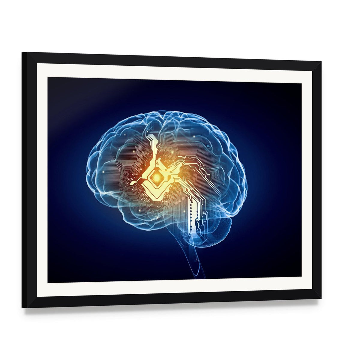 Glowing Circuit Brain Canvas Wall Art, framed print with white mat and black frame, angled product view