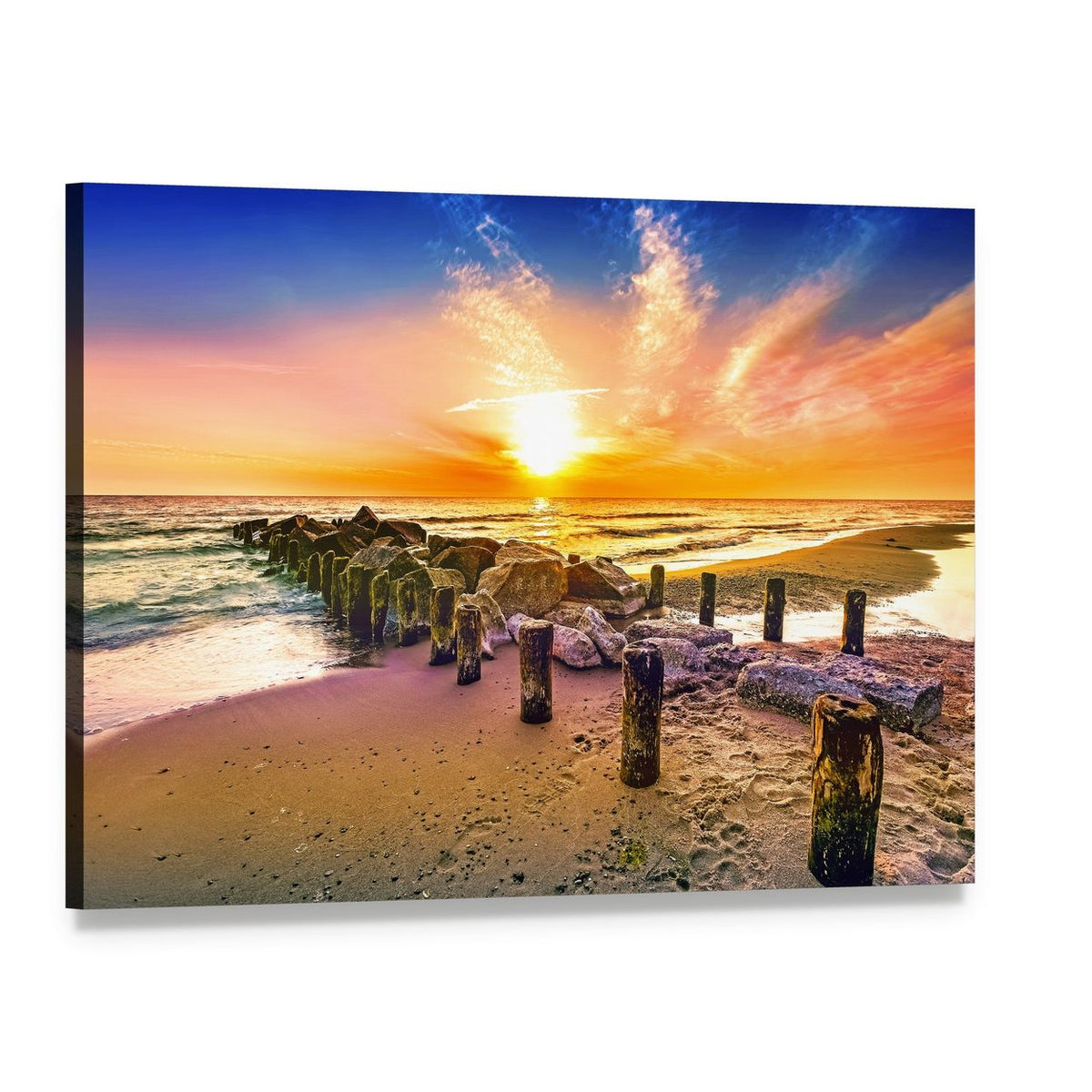 Sunset Pier on Rocky Beach Canvas Wall Art, single panel gallery wrapped canvas, angled product view