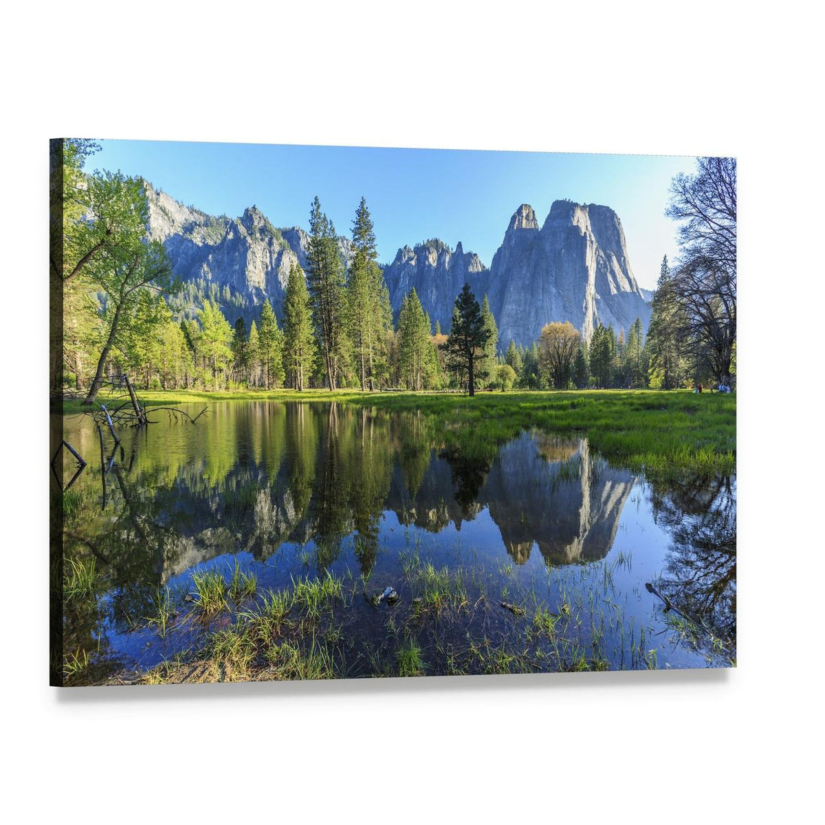 Serene Lake in Yosemite with Mountains Canvas Wall Art, single panel gallery wrapped canvas, angled product view