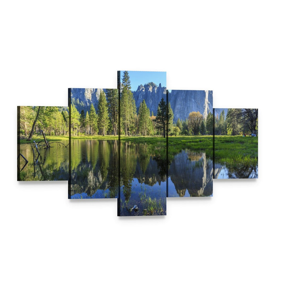 Serene Lake in Yosemite with Mountains Canvas Wall Art, 5 panel 5 Star layout gallery wrapped canvas set, angled product view