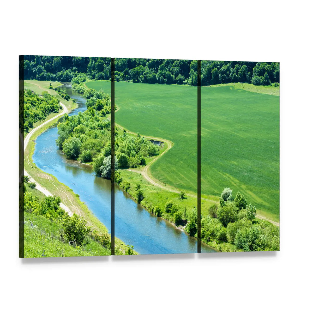 Winding Blue River in Green Field Canvas Wall Art, 3 panel 3 Horizontal layout gallery wrapped canvas set, angled product view
