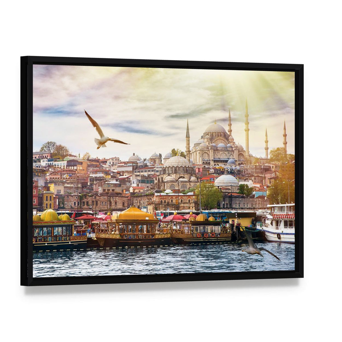 Istanbul Cityscape Canvas Wall Art, framed canvas in a black floater frame, angled product view