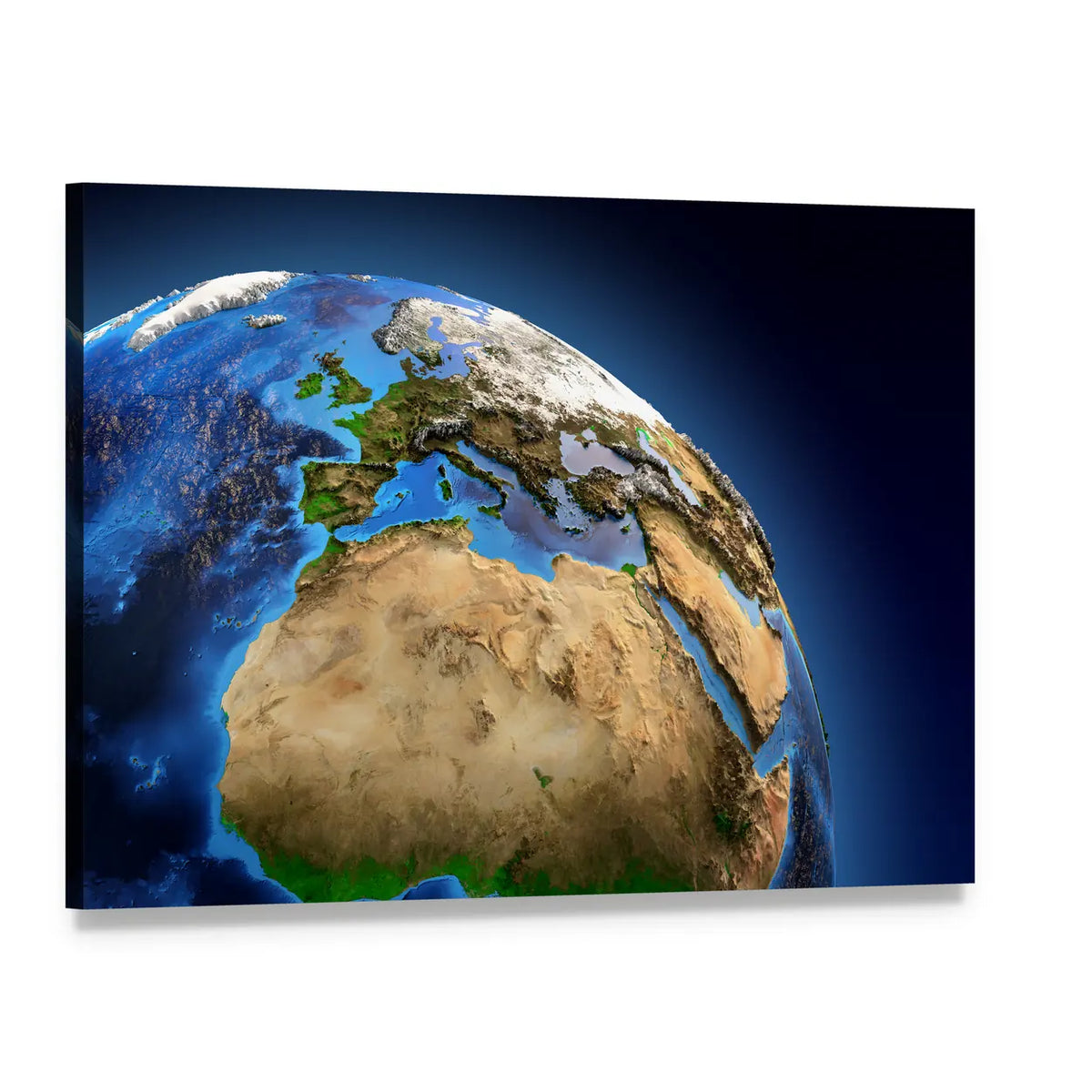 Satellite View of Earth with Topographic Relief Canvas Wall Art, single panel gallery wrapped canvas, angled product view