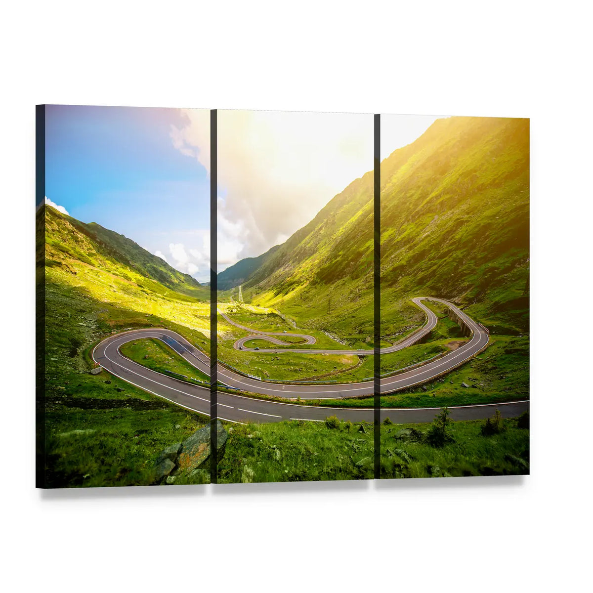 Transfagarasan Winding Road Canvas Wall Art, 3 panel 3 Horizontal layout gallery wrapped canvas set, angled product view