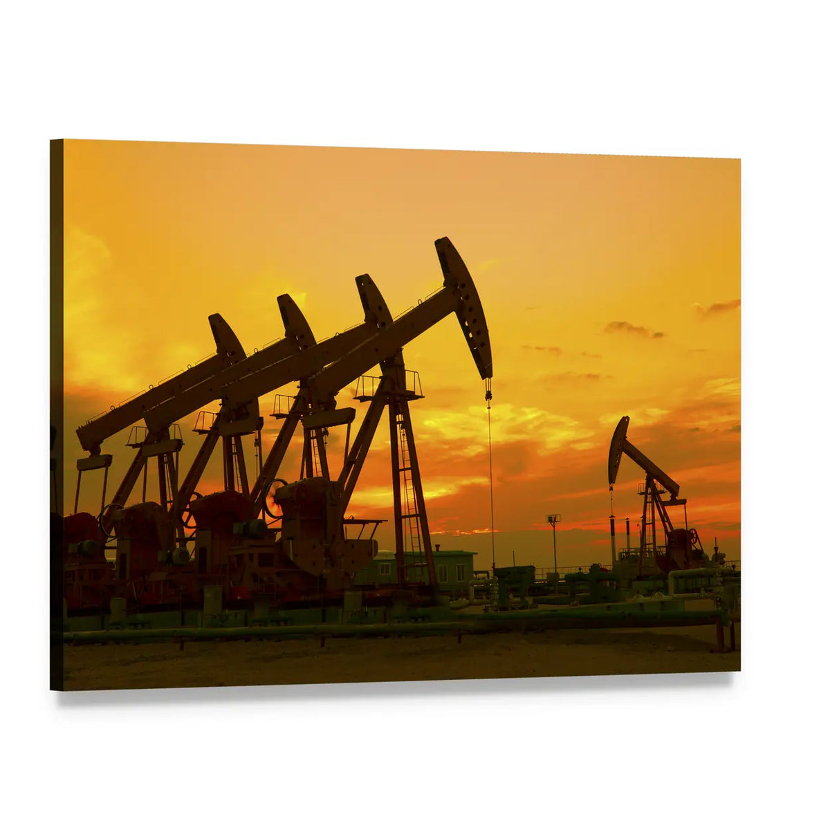 Silhouetted Oil Pumpjacks at Orange Sunset Canvas Wall Art, single panel gallery wrapped canvas, angled product view