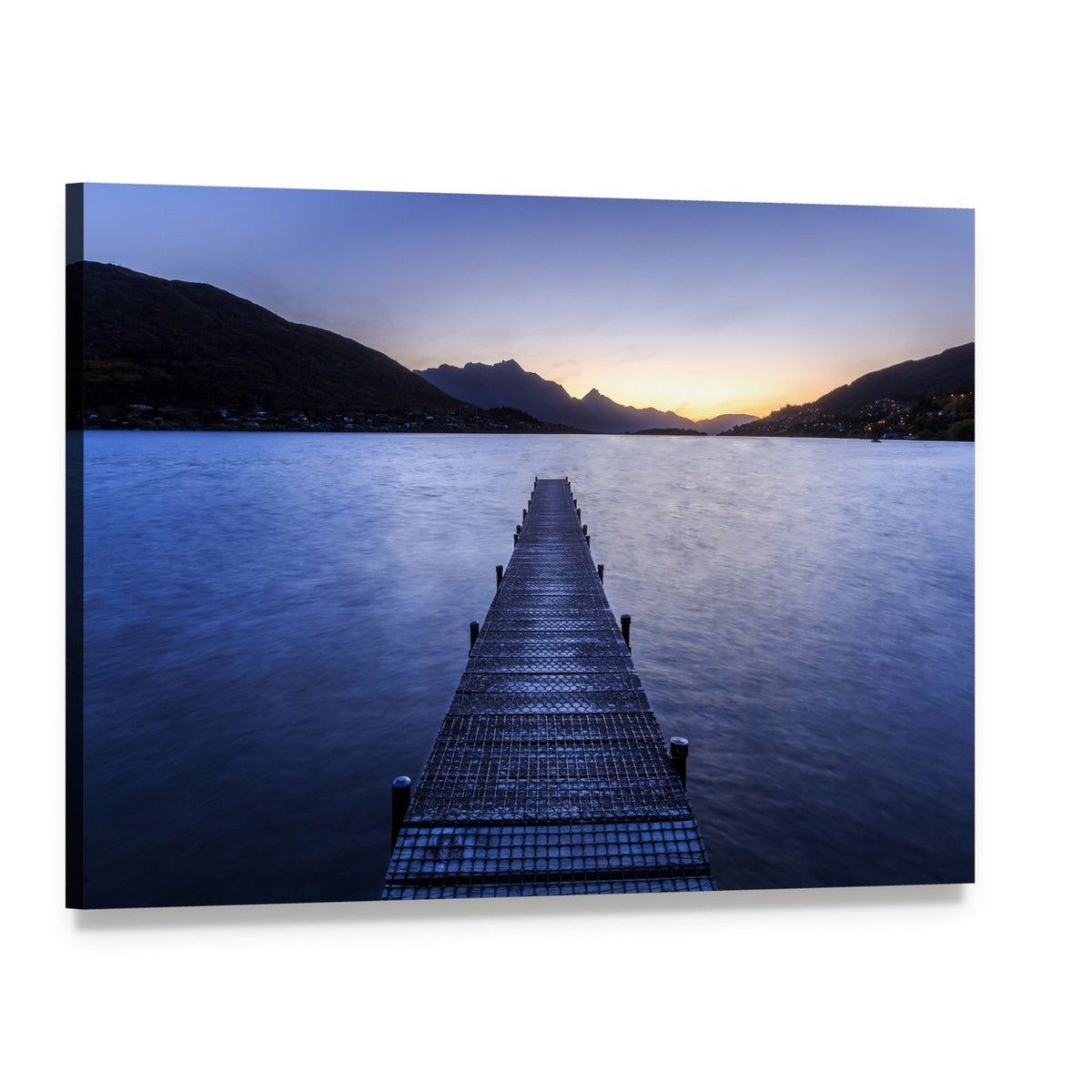Wooden Pier on Lake at Twilight Canvas Wall Art, single panel gallery wrapped canvas, angled product view