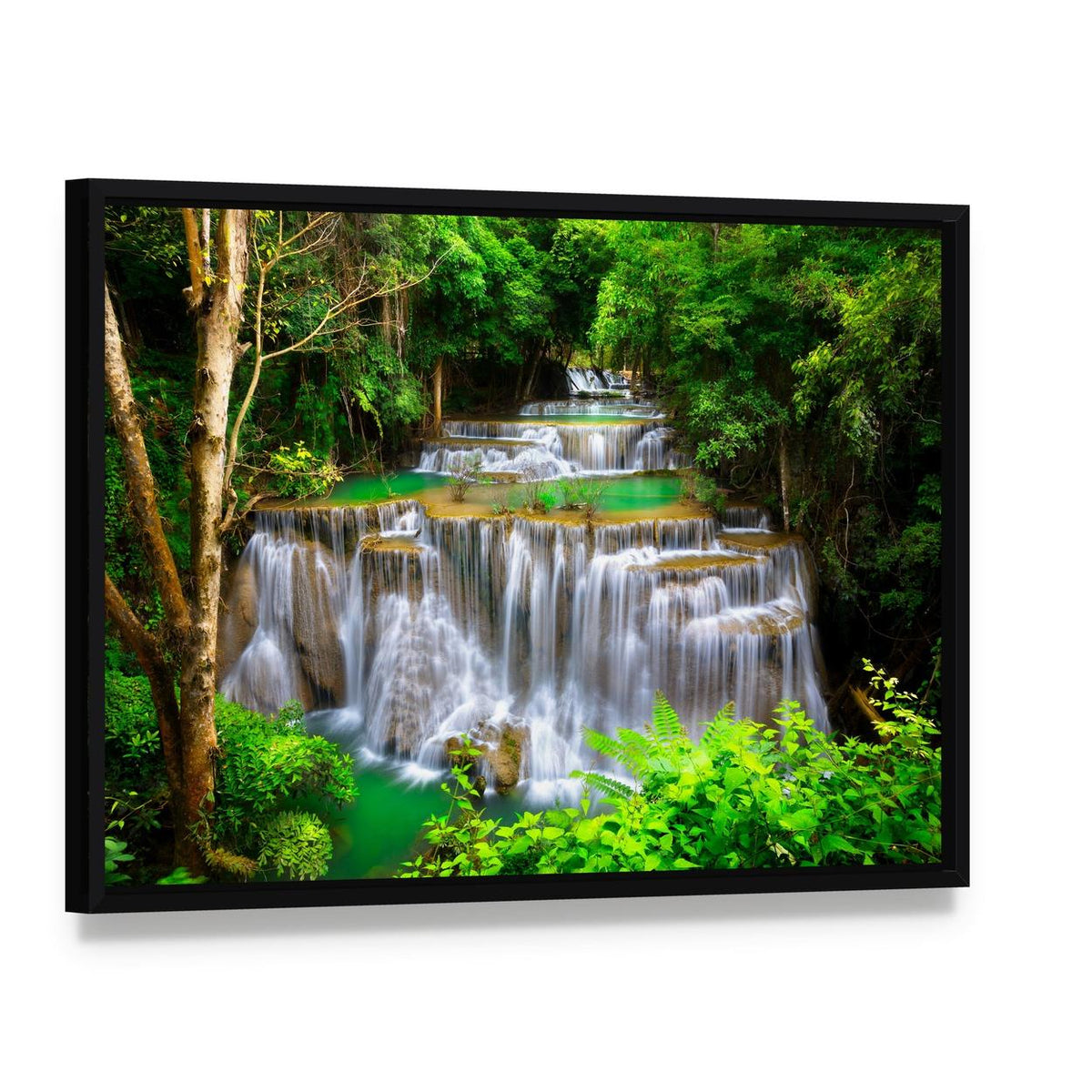 Huay Mae Kamin Waterfall in Kanchanaburi Canvas Wall Art, framed canvas in a black floater frame, angled product view
